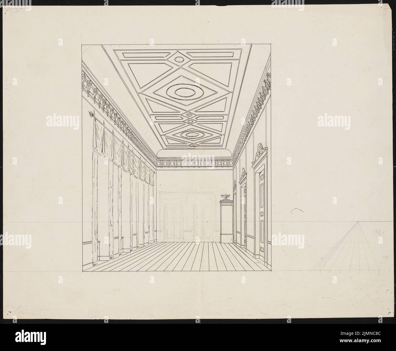 Knoblauch Eduard (1801-1865), Russian embassy, Berlin (1840-1841): Perspective view of the game hall on the 1st floor, towards the west. Pencil drawing, ink on paper, supplemented with pencil, 35.4 x 43.3 cm (including scan edges) Stock Photo