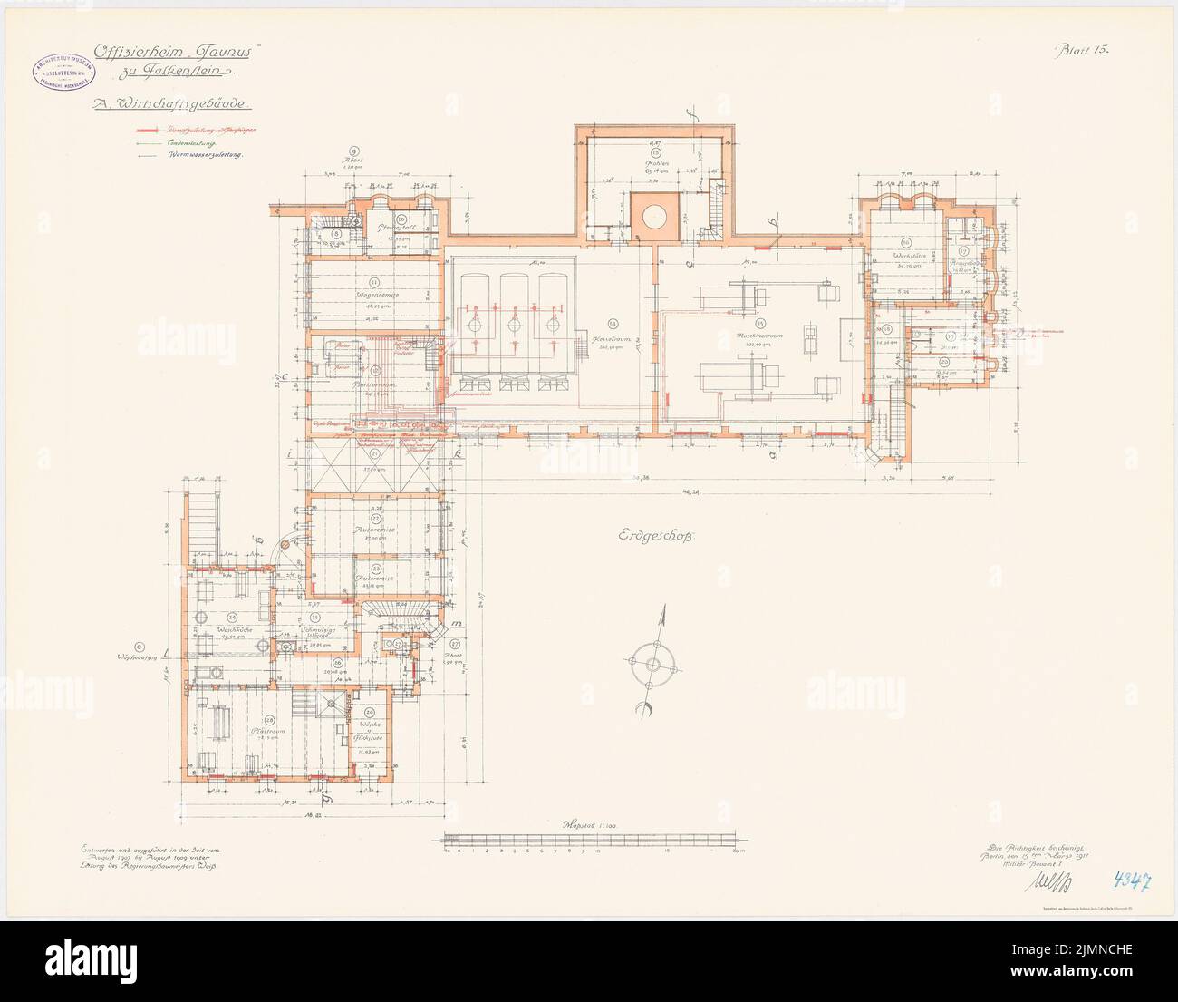 Unknown architect, Officersheim Taunus in Falkenstein. Farm building  (1907-1909): heating system: floor plan ground floor 1: 100. Lithograph,  66.1 x 84.6 cm (including scan edges Stock Photo - Alamy