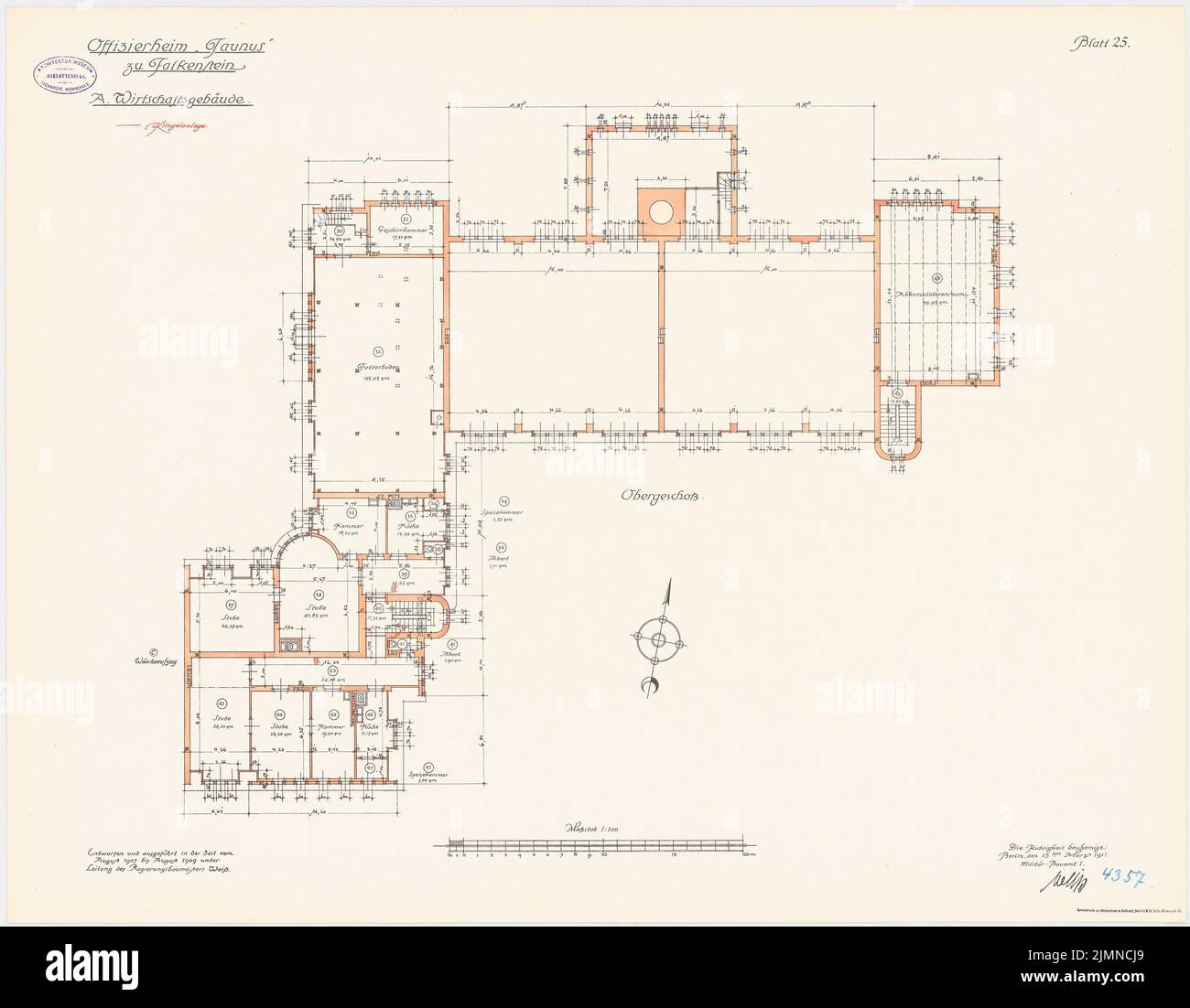 Unknown architect, Officersheim Taunus in Falkenstein. Farm building  (1907-1909): telephone, bell and watch complex: floor plan upper floor 1:  100. Lithograph, 66 x 84.7 cm (including scan edges Stock Photo - Alamy