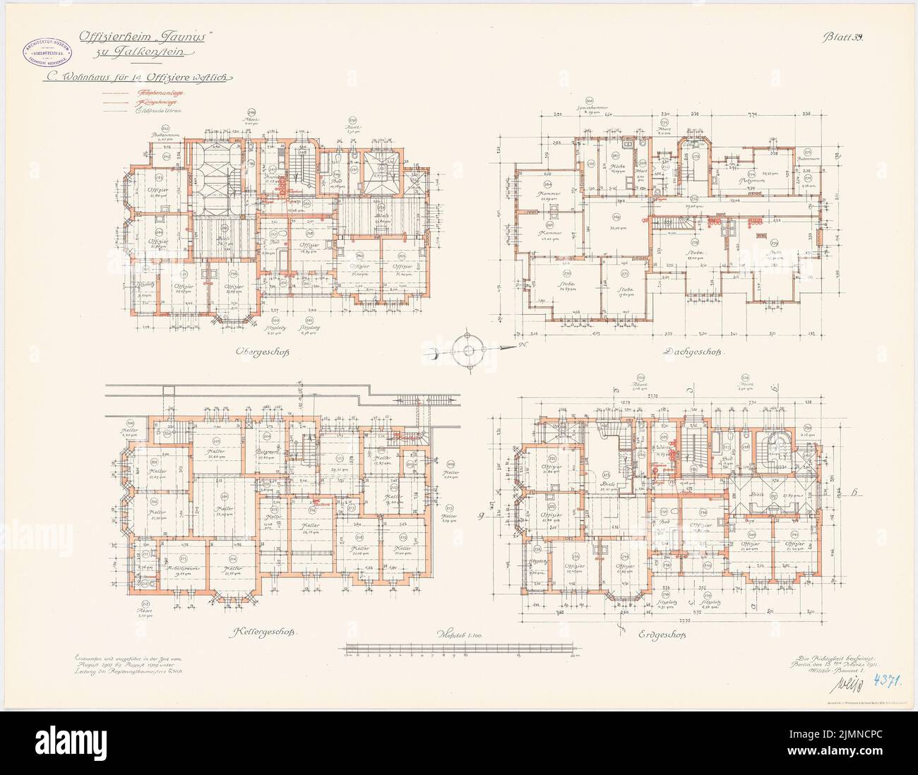 Unknown architect, Officersheim Taunus in Falkenstein. Residential building for 14 officers (west) (1907-1909): Telephone, bell and clock system: floor plan cellar, ground floor, upper floor, attic 1: 100. Lithograph, 65.8 x 84.8 cm (including scan edges) Stock Photo