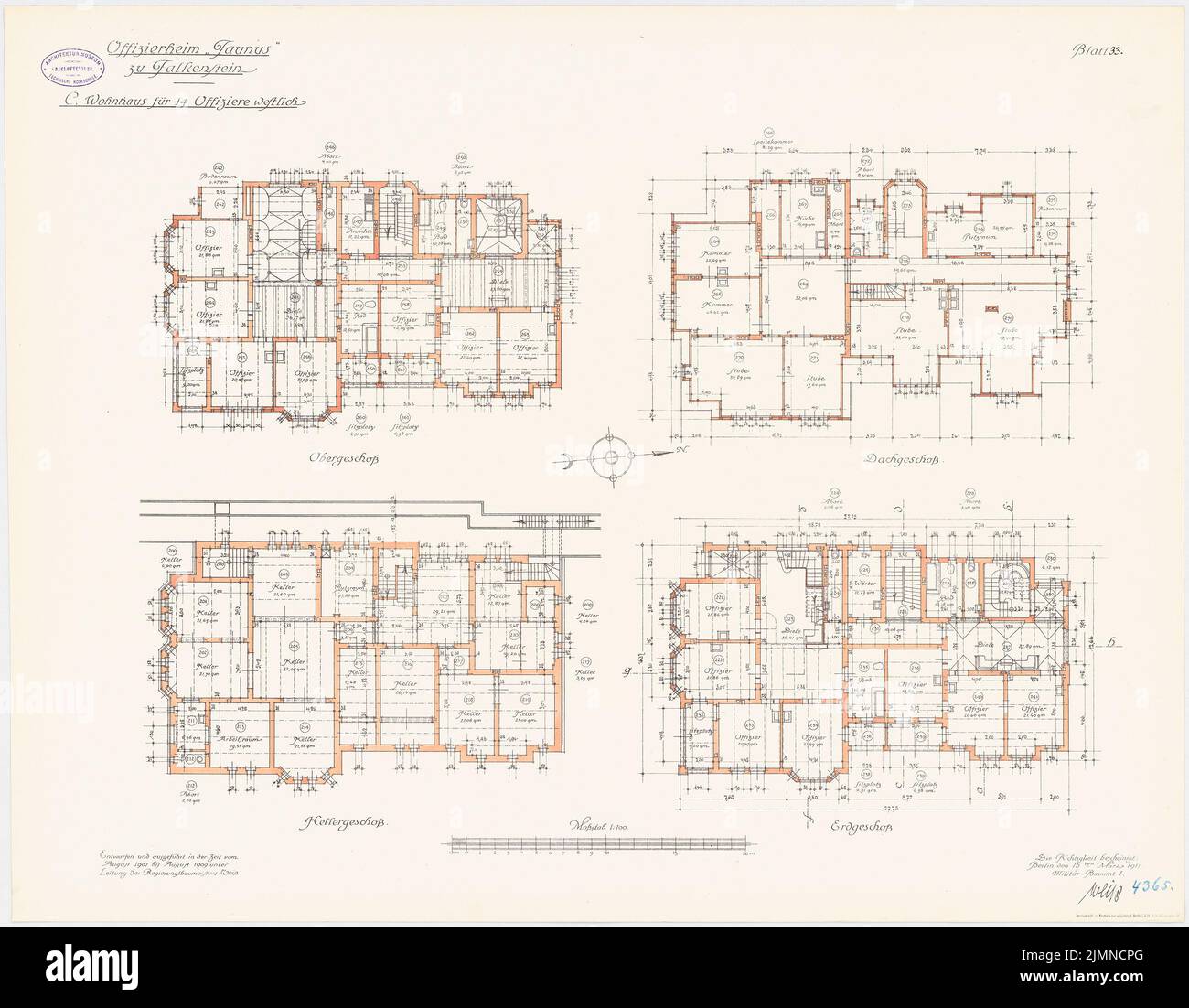 Unknown architect, Officersheim Taunus in Falkenstein. Residential building for 14 officers (west) (1907-1909): floor plan cellar, ground floor, upper floor, attic 1: 100. Lithograph, 66 x 84.7 cm (including scan edges) Stock Photo