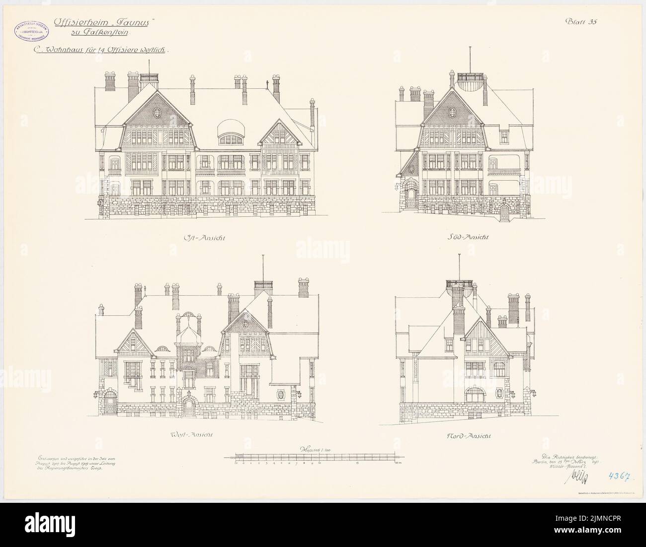 Unknown architect, Officersheim Taunus in Falkenstein. Residential building for 14 officers (west) (1907-1909): Northern view, southern view, east view, west view 1: 100. Lithograph, 66.1 x 84.8 cm (including scan edges) Stock Photo