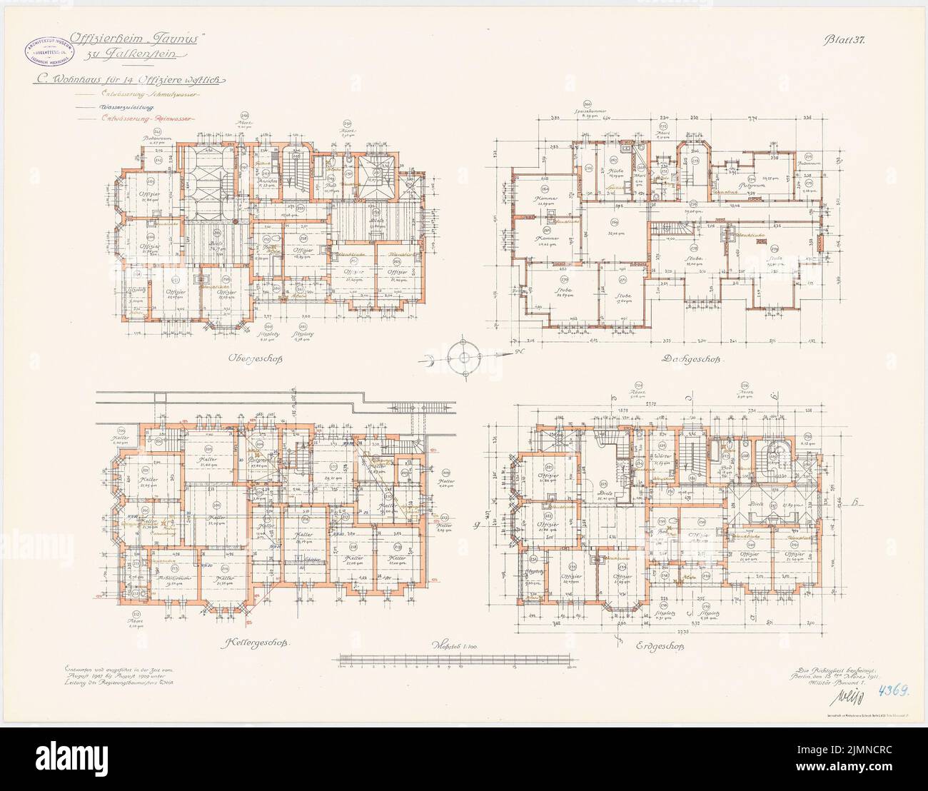 Unknown architect, Officersheim Taunus in Falkenstein. Residential building for 14 officers (west) (1907-1909): Religious and drainage system: floor plan cellar, ground floor, upper floor, attic 1: 100. Lithograph, 66.2 x 84.5 cm (including scan edges) Stock Photo