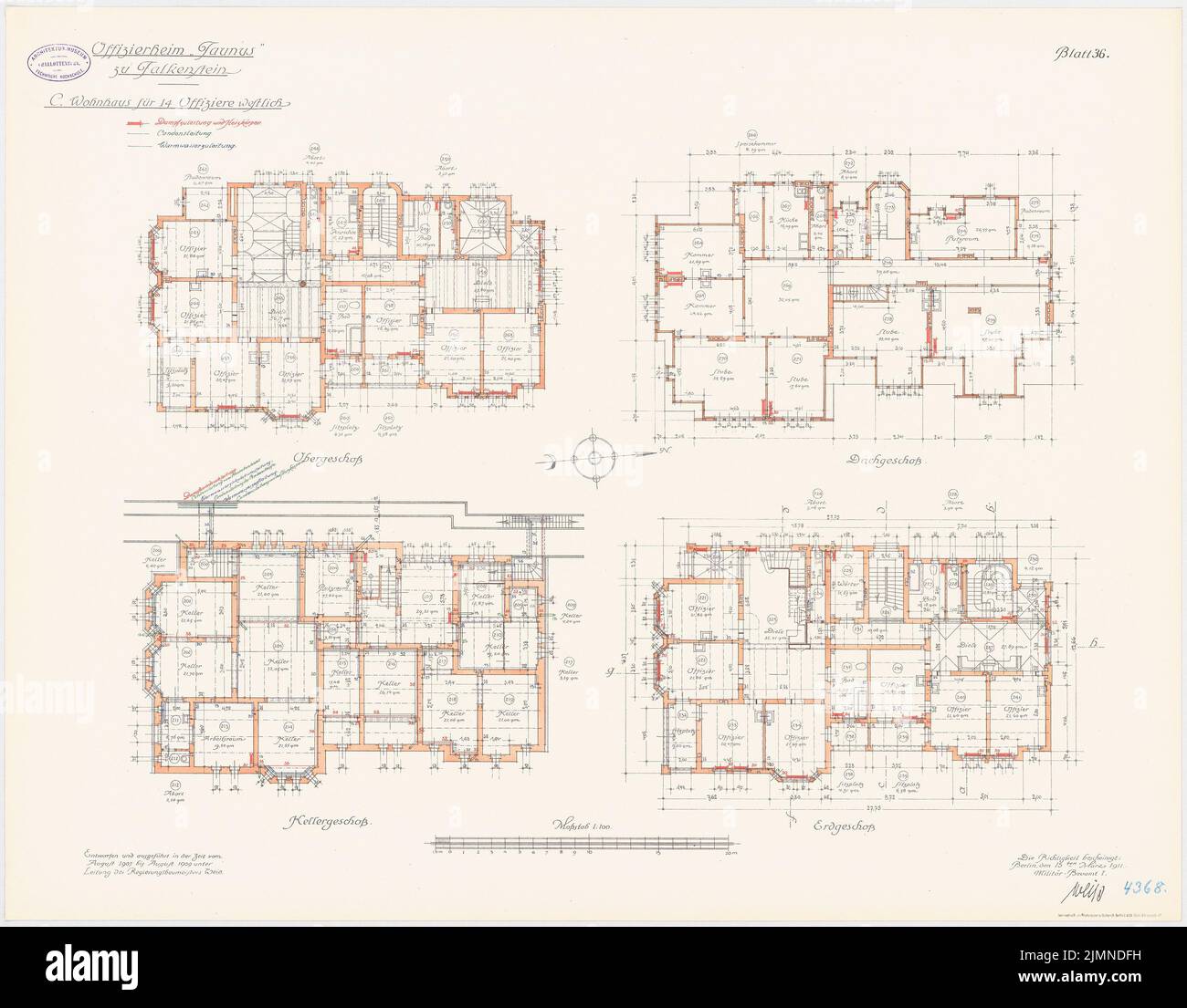 Unknown architect, Officersheim Taunus in Falkenstein. Residential building for 14 officers (west) (1907-1909): heating system: floor plan cellar, ground floor, upper floor, attic 1: 100. Lithograph, 66.2 x 84.7 cm (including scan edges) Stock Photo