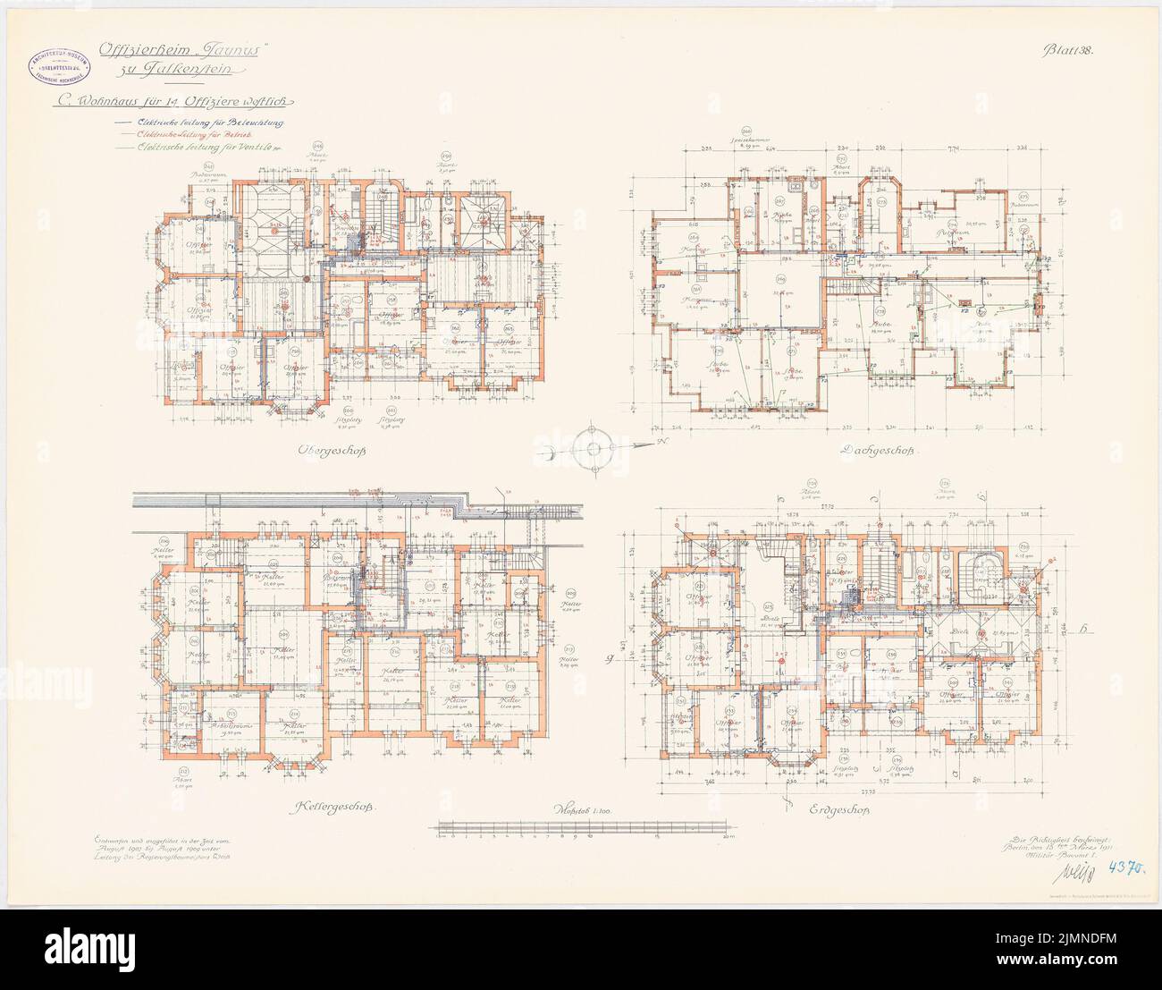 Unknown architect, Officersheim Taunus in Falkenstein. House for 14 officers (west) (1907-1909): Electrical installation system: floor plan cellar, ground floor, upper floor, attic 1: 100. Lithograph, 66.2 x 84.6 cm (including scan edges) Stock Photo
