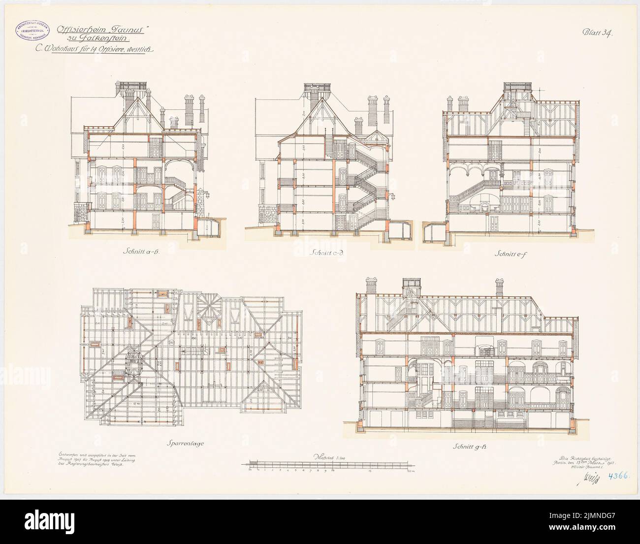 Unknown architect, Officersheim Taunus in Falkenstein. Residential building for 14 officers (west) (1907-1909): floor plan rafters, longitudinal section, cross-sections 1: 100. Lithograph, 66.4 x 85 cm (including scan edges) Stock Photo