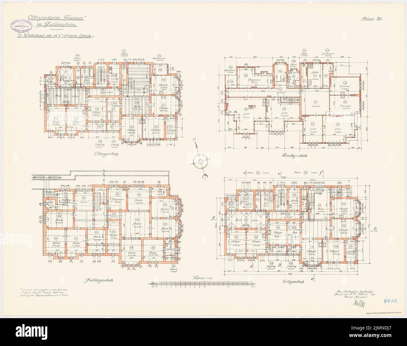 Unknown architect, Officersheim Taunus in Falkenstein. House for 14 officers (east) (1907-1909): floor plan cellar, ground floor, upper floor, attic 1: 100. Lithograph, 66.4 x 84.9 cm (including scan edges) Stock Photo