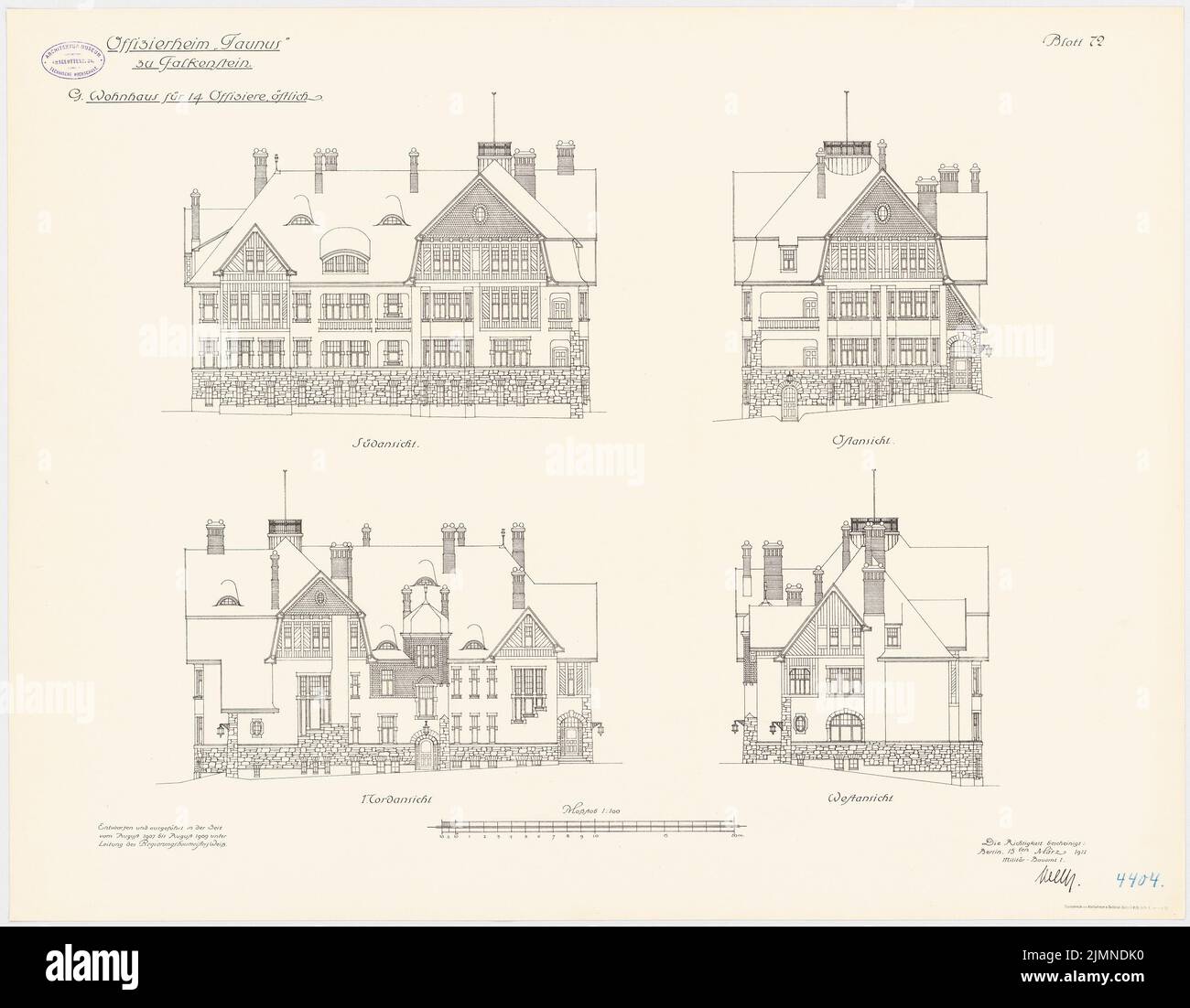 Unknown architect, Officersheim Taunus in Falkenstein. Residential building for 14 officers (east) (1907-1909): Northern view, southern view, east view, west view 1: 100. Lithograph, 66 x 84.8 cm (including scan edges) Stock Photo