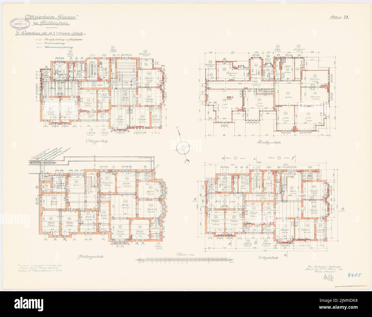 Unknown architect, Officersheim Taunus in Falkenstein. Residential building for 14 officers (east) (1907-1909): heating system: floor plan cellar, ground floor, upper floor, attic 1: 100. Lithograph, 66.5 x 84.9 cm (including scan edges) Stock Photo