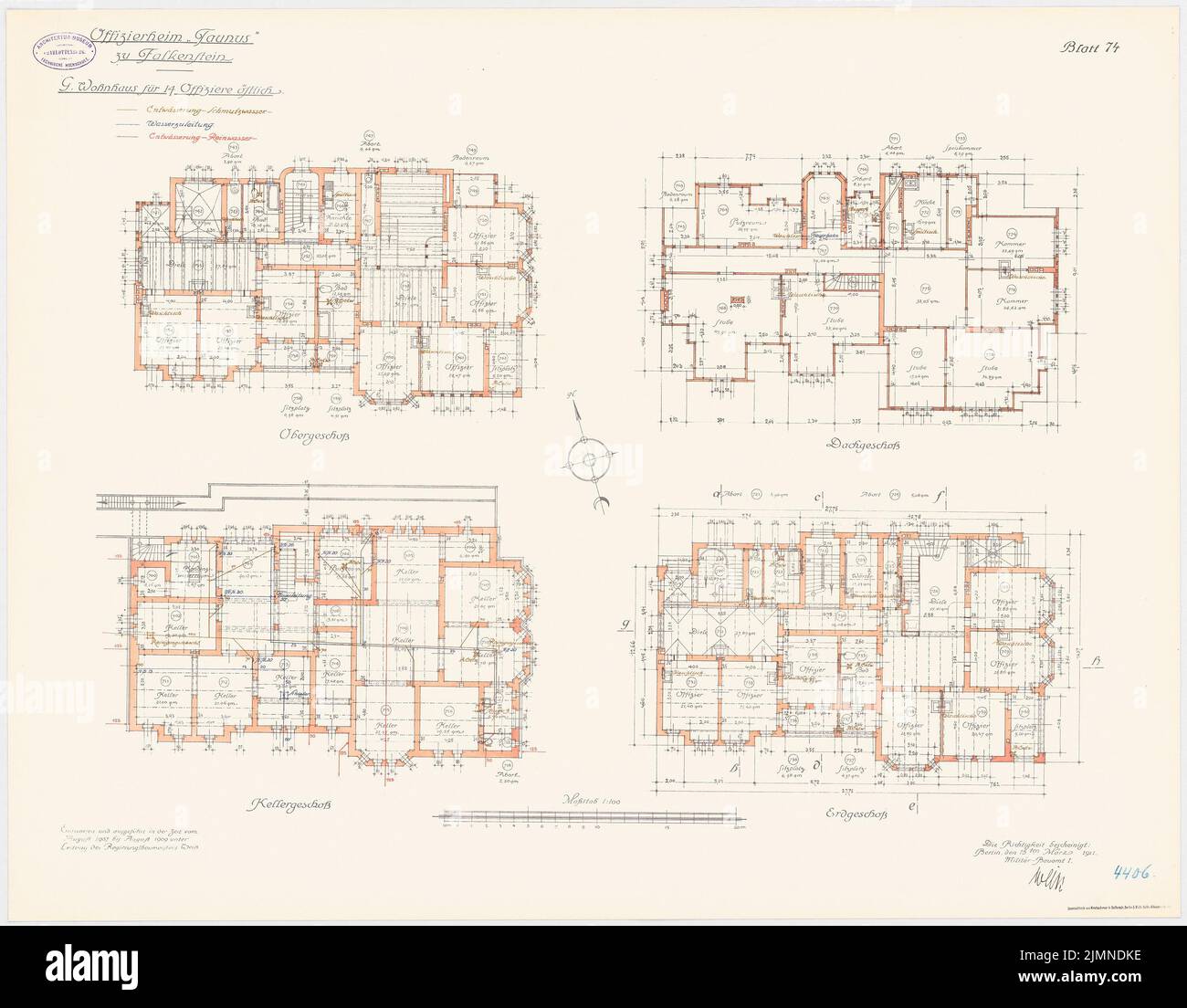 Unknown architect, Officersheim Taunus in Falkenstein. Residential building for 14 officers (eastern) (1907-1909): Set and drainage system: floor plan basement, ground floor, upper floor, attic 1: 100. Lithograph, 66.2 x 84.9 cm (including scan edges) Stock Photo