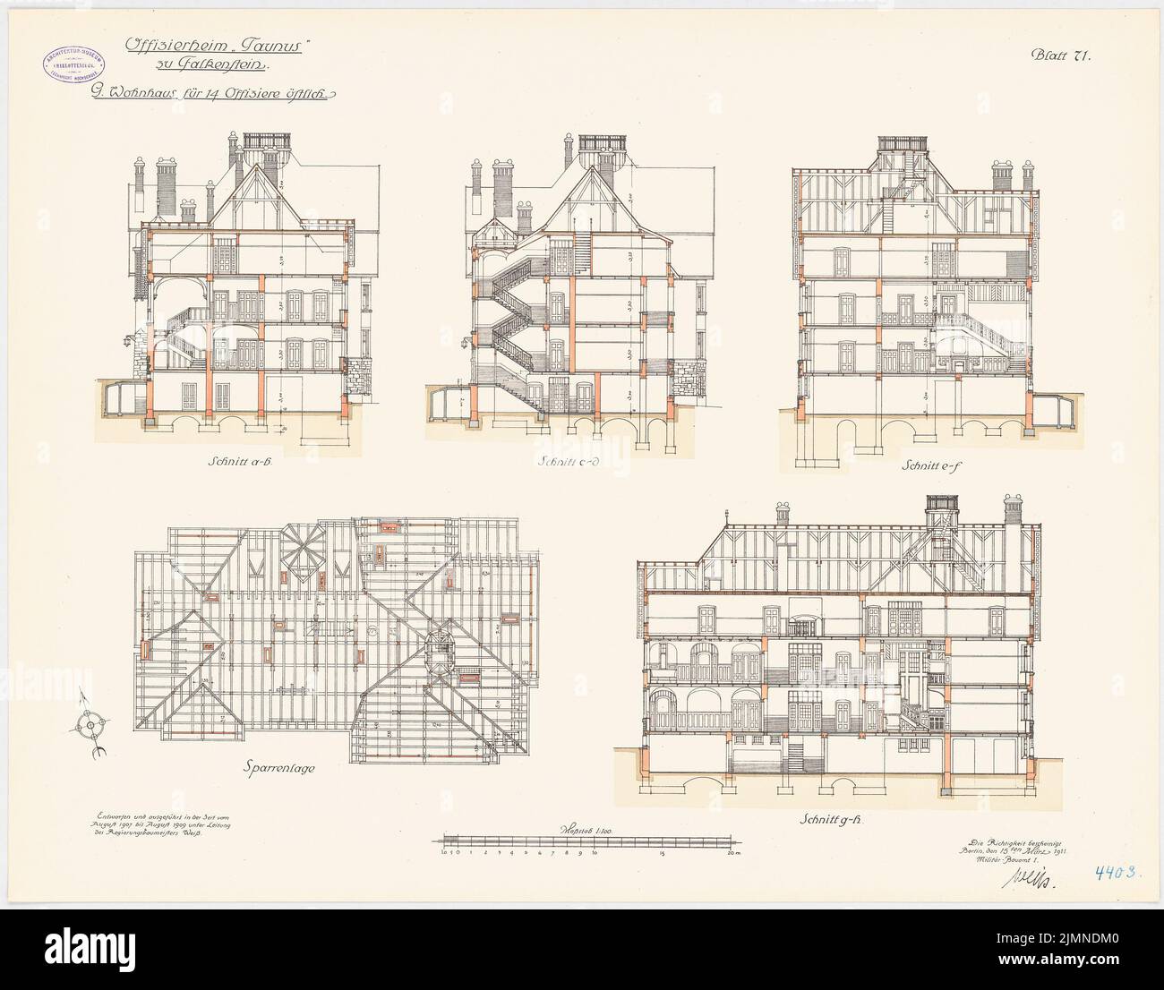 Unknown architect, Officersheim Taunus in Falkenstein. Residential building for 14 officers (east) (1907-1909): floor plan rafters, longitudinal section, cross-sections 1: 100. Lithograph, 66.4 x 84.9 cm (including scan edges) Stock Photo