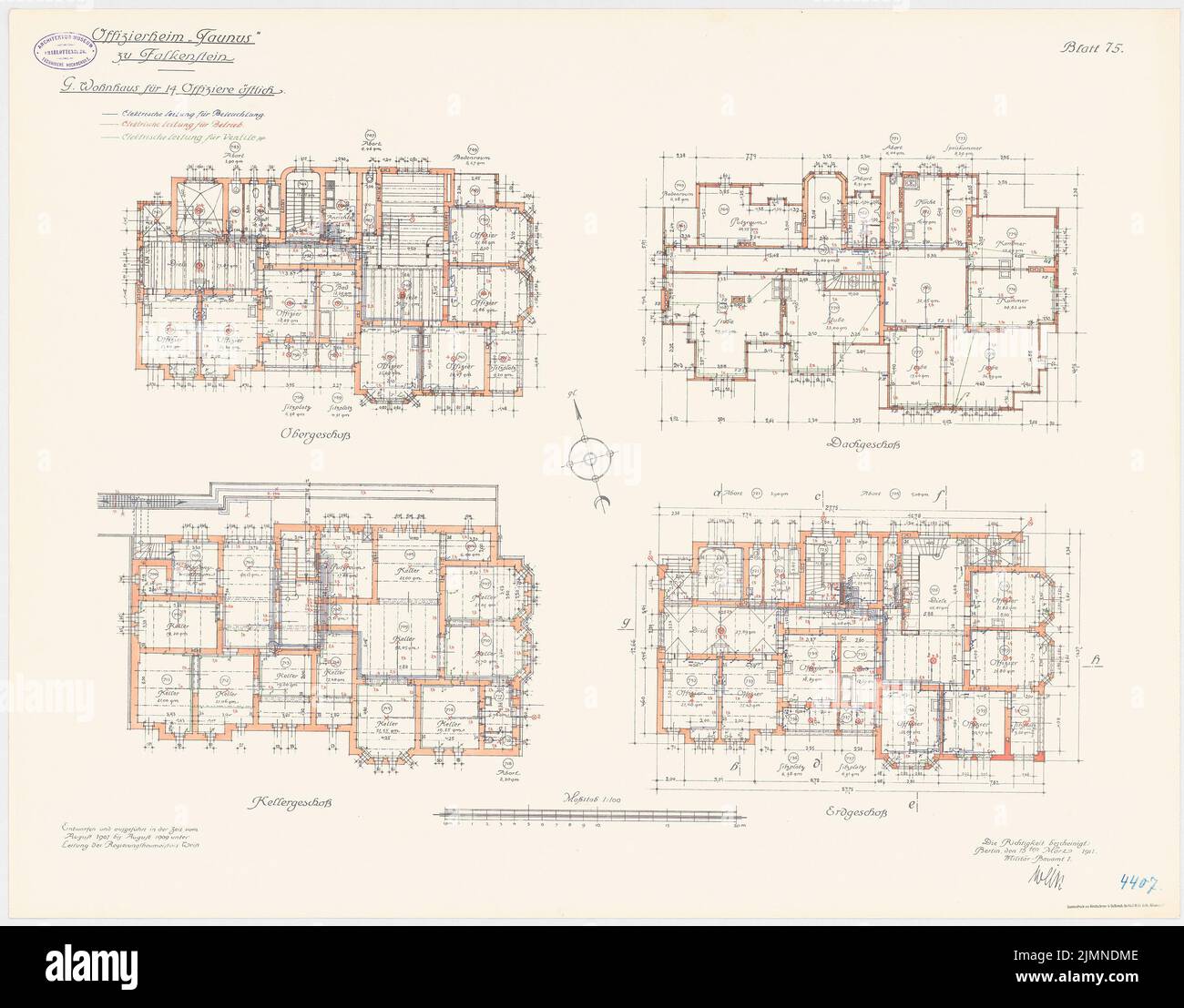 Unknown architect, Officersheim Taunus in Falkenstein. House for 14 officers (east) (1907-1909): Electrical installation system: floor plan basement, ground floor, upper floor, attic 1: 100. Lithograph, 66.4 x 84.9 cm (including scan edges) Stock Photo