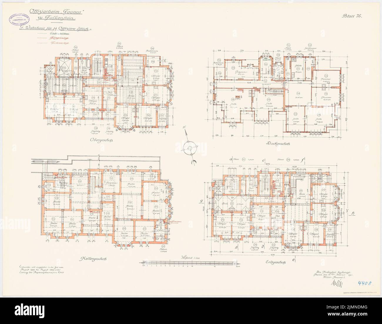 Unknown architect, Officersheim Taunus in Falkenstein. Residential building for 14 officers (east) (1907-1909): Telephone, bell and clock system: floor plan cellar, ground floor, upper floor, attic 1: 100. Lithograph, 66.2 x 84.9 cm (including scan edges) Stock Photo