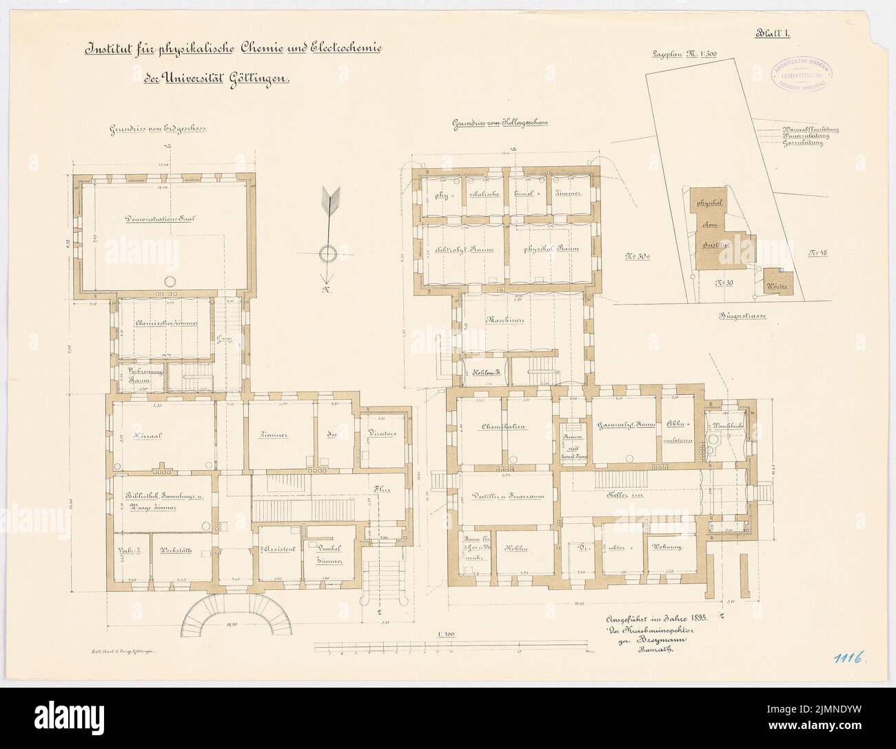 Unknown architect, Institute for Physical Chemistry and Electrochemistry at the University of Göttingen (1895): Department 1: 500, floor plan basement, ground floor 1: 100. Lithograph, 50.4 x 65.7 cm (including scan edges) Stock Photo