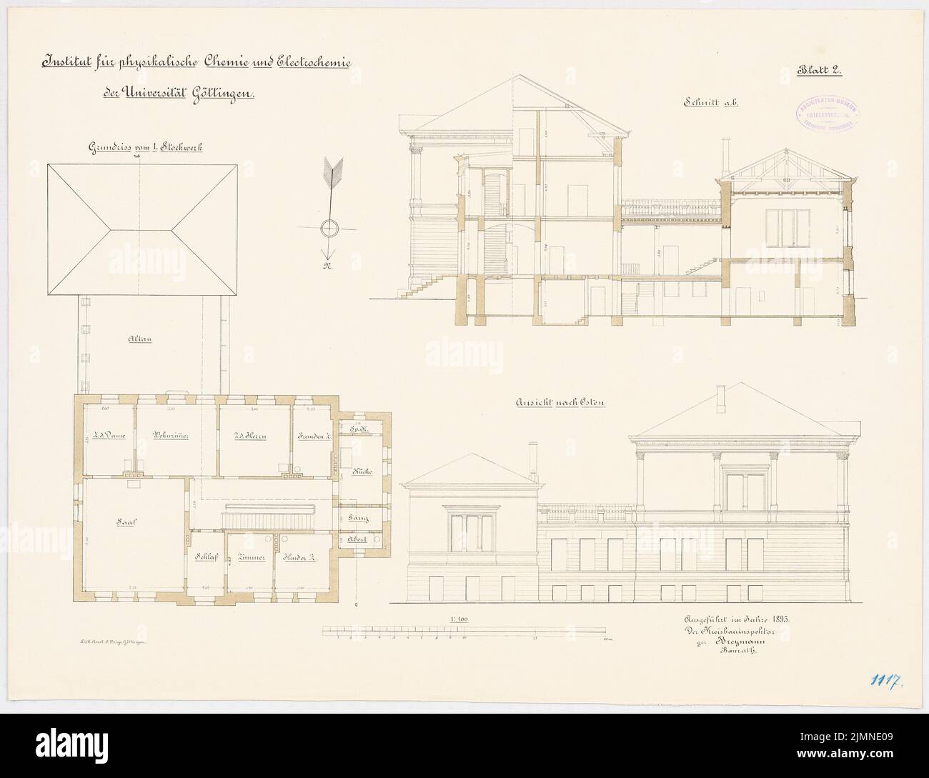 Unknown architect, Institute for Physical Chemistry and Electrochemistry at the University of Göttingen (1895): floor plan upper floor, open east view, cross -section 1: 100. Lithograph, 50.4 x 65.5 cm (including scan edges) Stock Photo