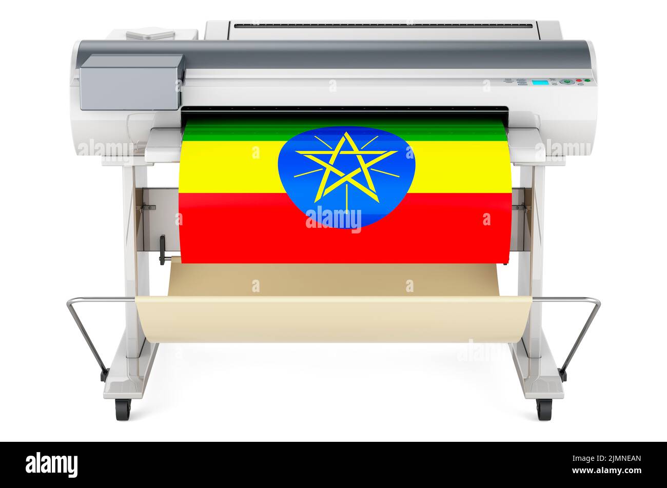 Wide format printer, plotter with Ethiopian flag. 3D rendering isolated on white background