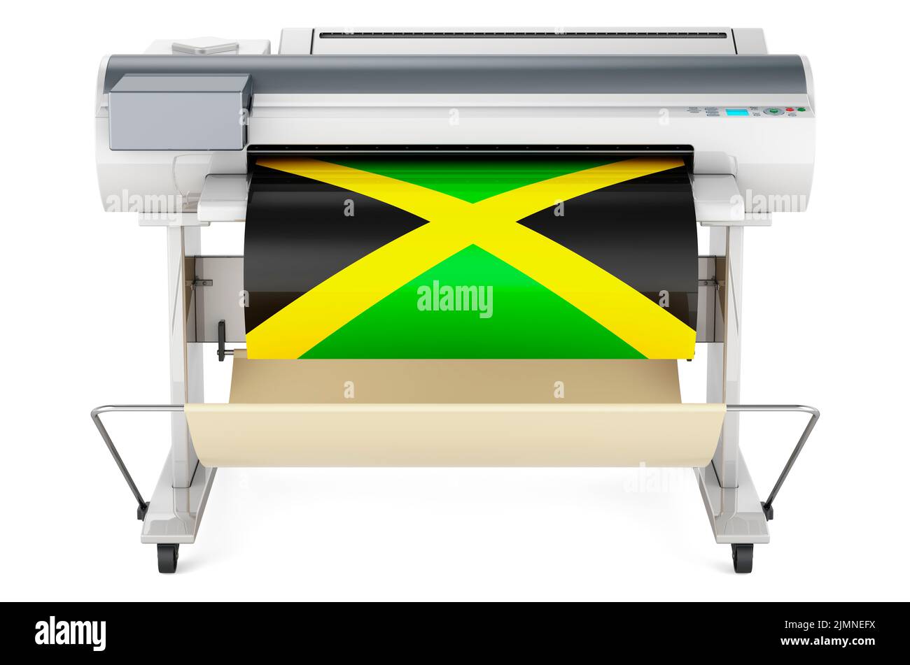 Wide format printer, plotter with Jamaican flag. 3D rendering isolated
