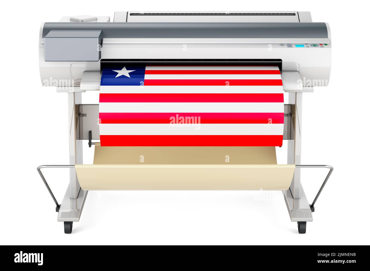 Wide format printer, plotter with Liberian flag. 3D rendering isolated ...