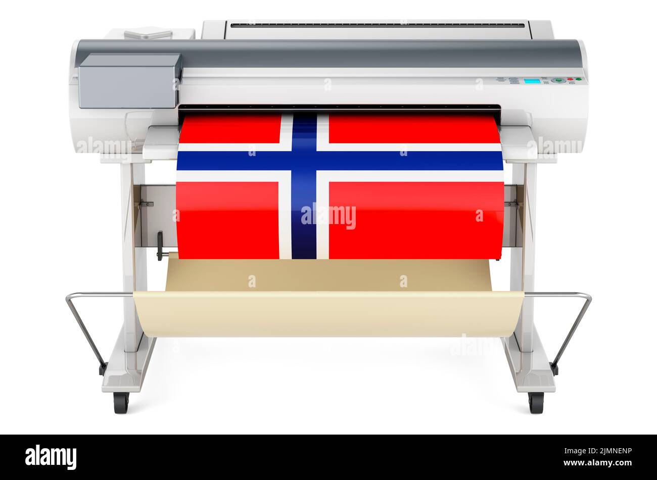 Wide format printer, plotter with Norwegian flag. 3D rendering isolated on white background Stock Photo