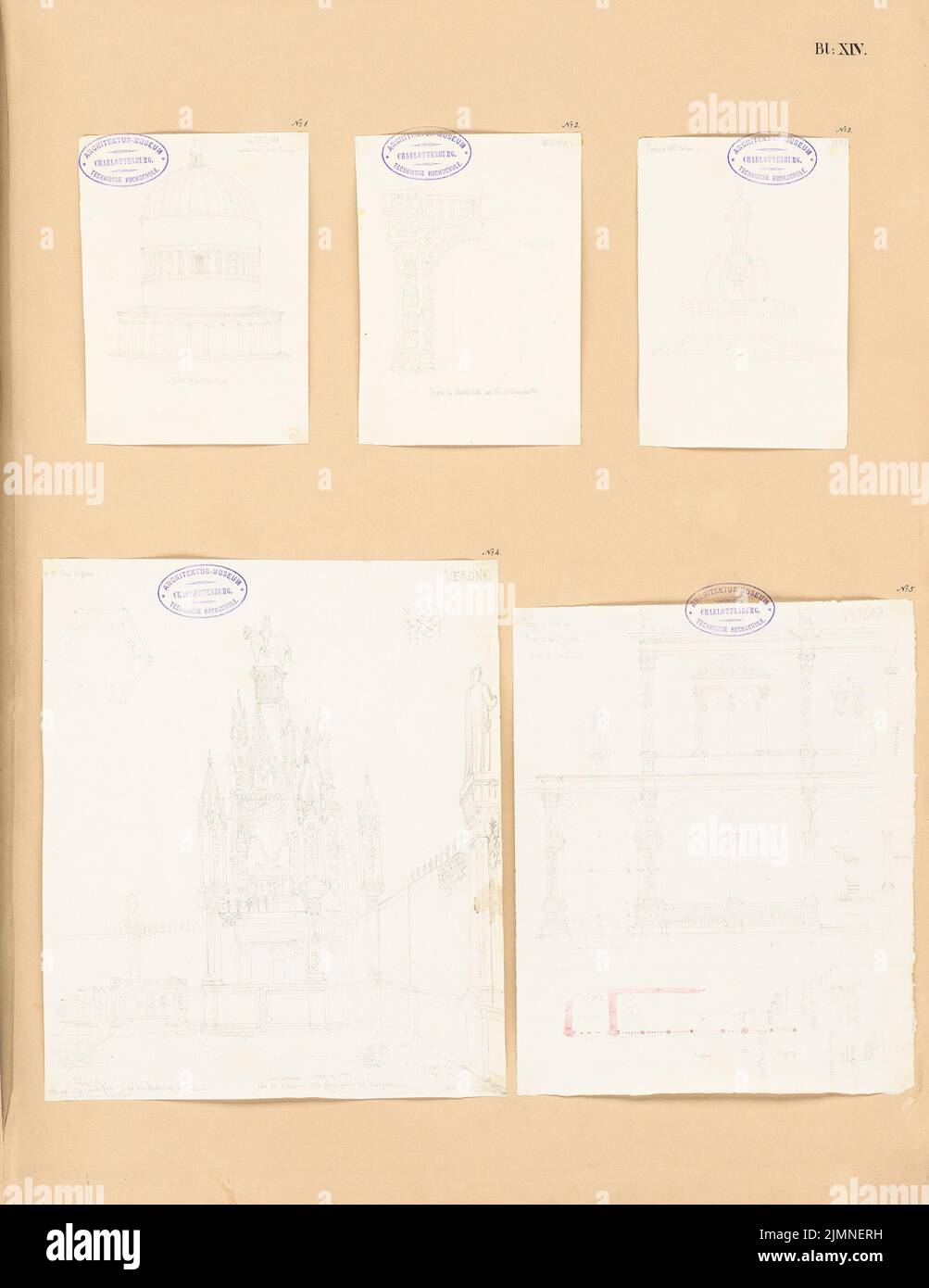 Liemann Ludwig Theodor, sketchbook of the Italian journey (without dat.): Bl. 14: Verona. 5 sketches: S. Giacomo (perspective view), Palazzo del Comandante, P.zza dell'erba, tomb of the Can Signore, Loggia Pubblica P.Z. Pencil watercolored on paper, 60.5 x 46.7 cm (including scan edges) Stock Photo
