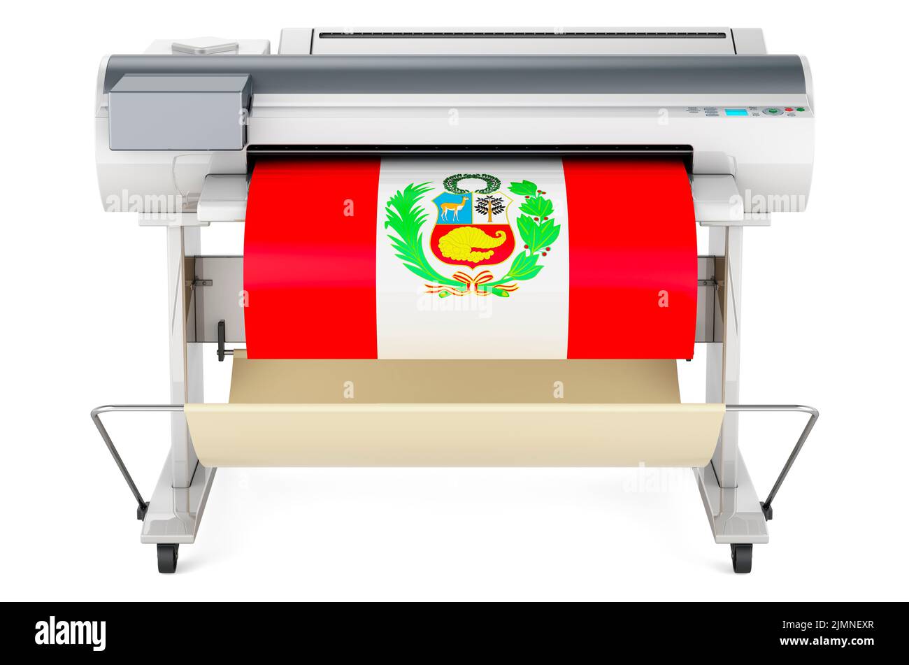 Wide format printer, plotter with Peruvian flag. 3D rendering isolated