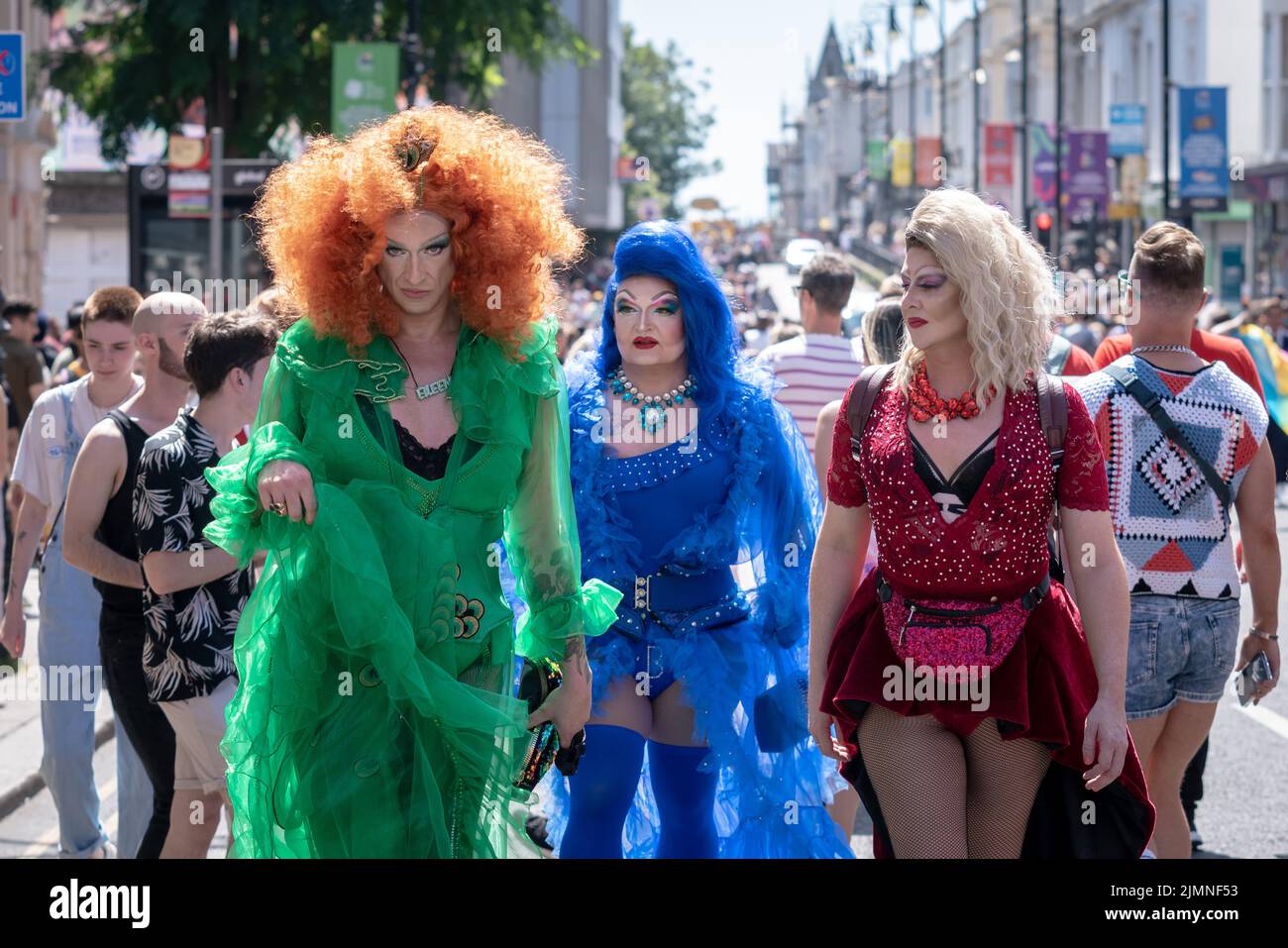 East Sussex, UK. 6th Aug, 2022. Brighton and Hove Pride 2022: Drag queen performers join the crowds as thousands celebrate Pride in Brighton after two-year hiatus. One of UK's biggest LGBTQ  parades returns to mark 30th anniversary after Covid cancellations. As many as 300,000 people on Saturday are expected to fill the streets of Brighton celebrating the return of one of the UK's biggest Pride events. Credit: Guy Corbishley/Alamy Live News Stock Photo