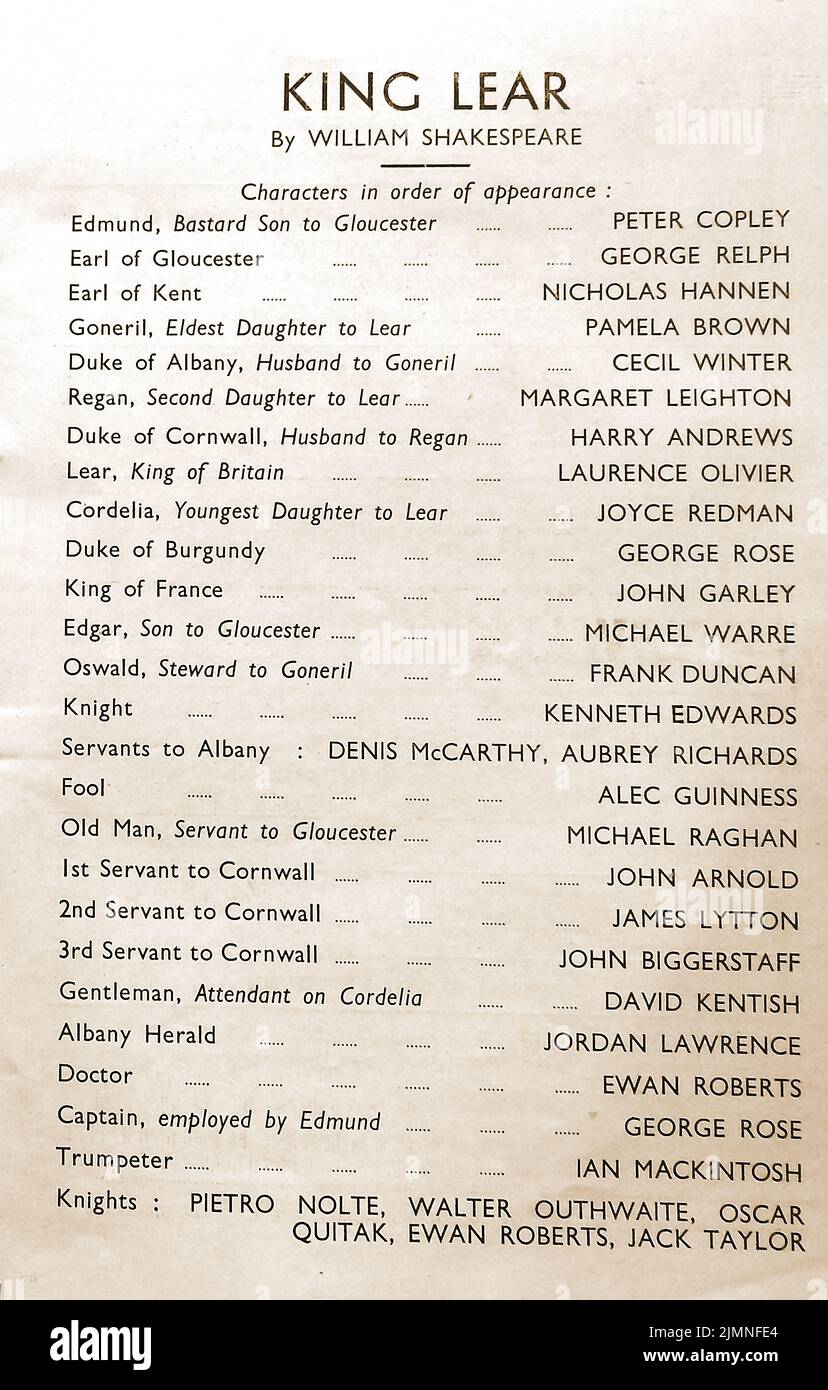 An early (possibly post war 1946) cast list for a performance of King Lear starring Laurence Olivier, Alec Guinness etc Stock Photo