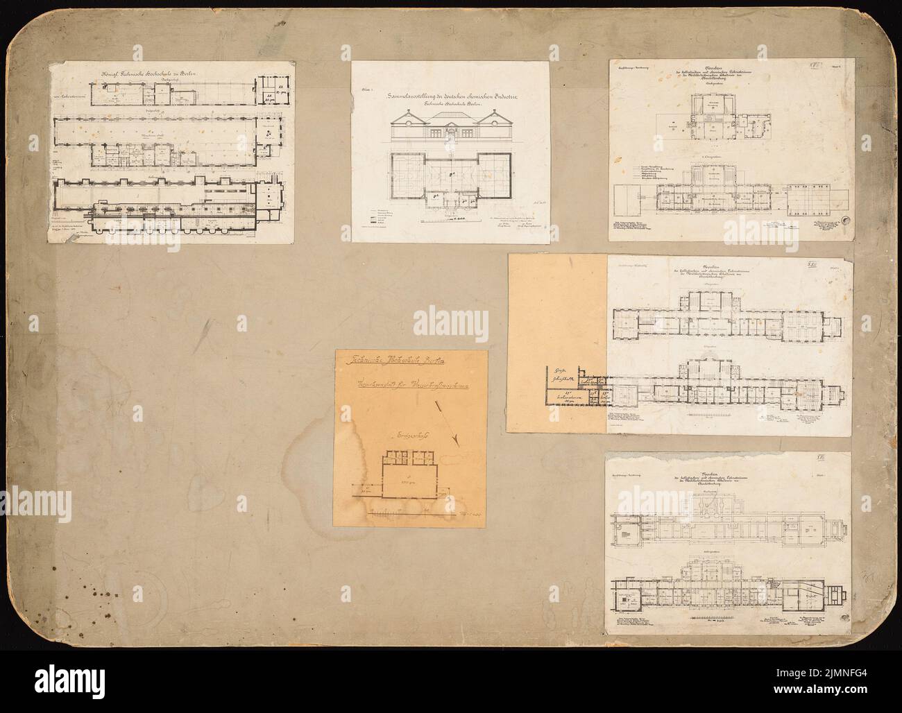 Unknown architect, Technical University of Berlin-Charlottenburg. Experimental institution for hydropower machines. Collective exhibition of the German chemical industry. Neubau DE (1921-1925): Machine Laboratory: Grundrisse (1904); Exhibition: floor plan and view (1904); Experimental institution: Grundriss eG; Ballist-chemical laboratory: floor plan K. Tusche via photo and break on paper, 61.6 x 85.4 cm (including scan edges) Stock Photo