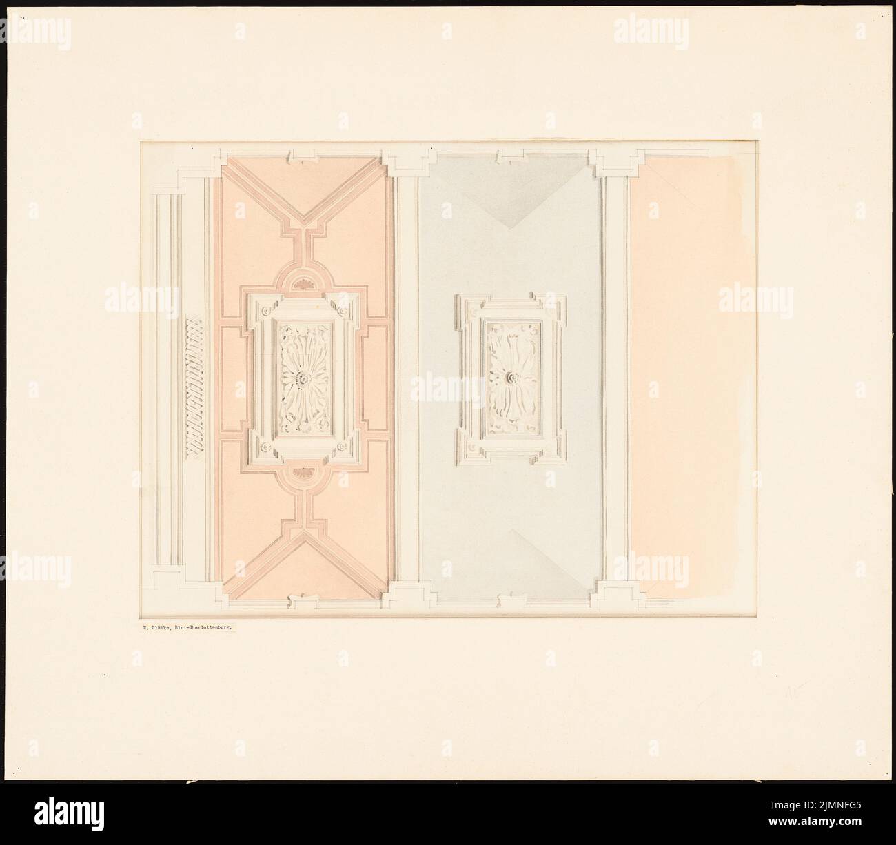 Unknown architect, Technical University of Berlin-Charlottenburg. Interior of the main building (without a year): ceiling fields, view, color proposal. Pencil watercolor on the box, 69.7 x 79.7 cm (including scan edges) Stock Photo