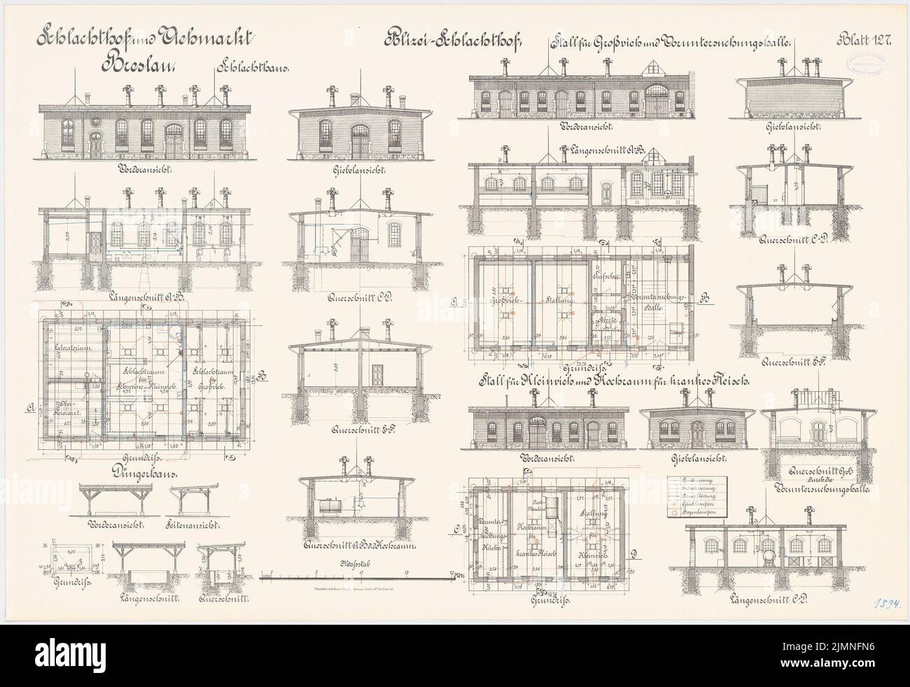 Plüddemann Richard (1846-1910), slaughterhouse and cattle market, Wroclaw. Police slaughterhouse (1894-1896): slaughterhouse: floor plan cross-sections Longitudinal section front view and gable view 1: 100. Stable for large cattle and preliminary examination hall: floor plan. Lithograph, 69.2 x 100.8 cm (including scan edges) Stock Photo