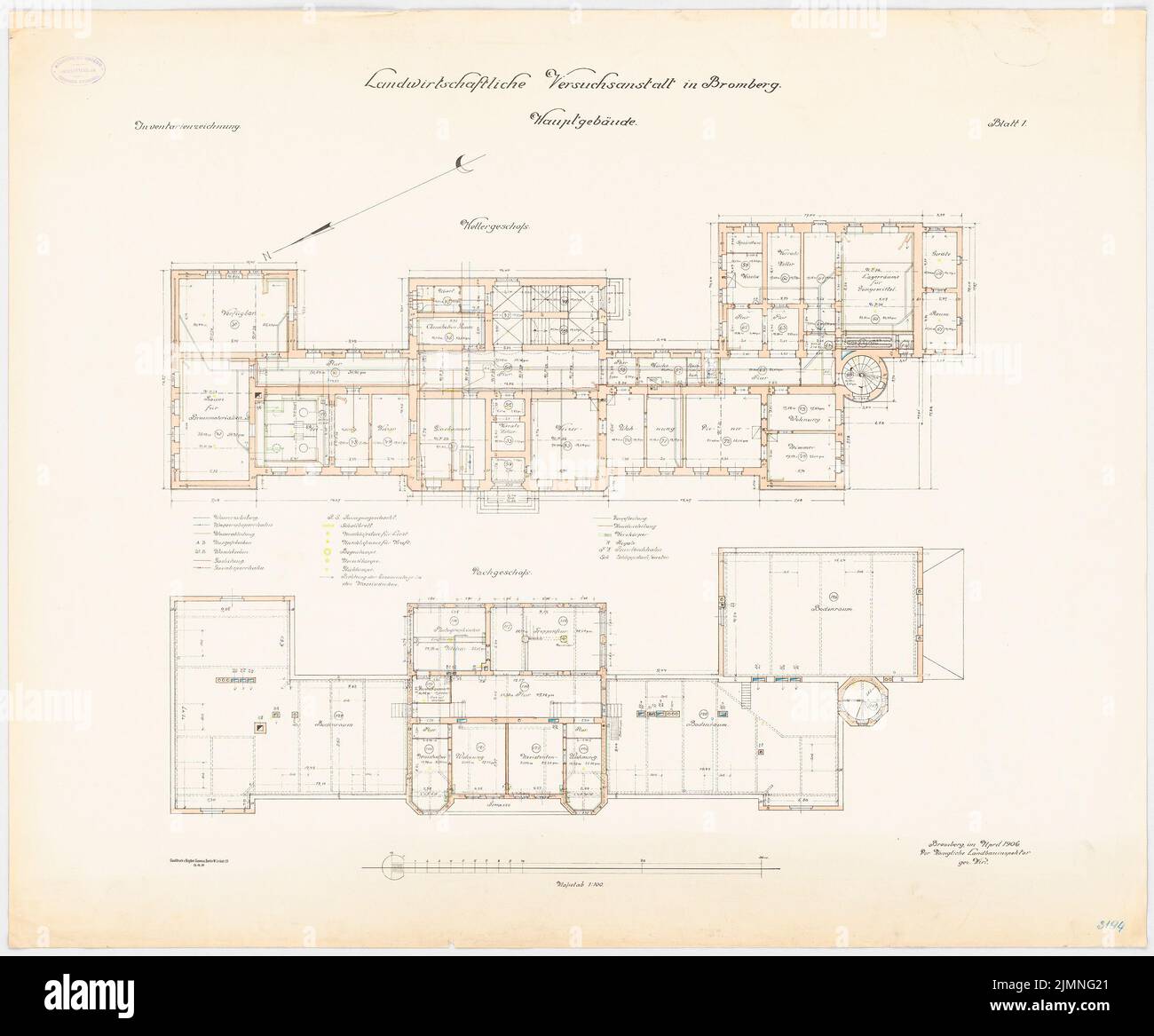 Unknown architect, agricultural experimental institution, Bromberg. Main building (04.1906): floor plan basement top floor 1: 100. Lithograph colored, 79.7 x 96.2 cm (including scan edges) Stock Photo