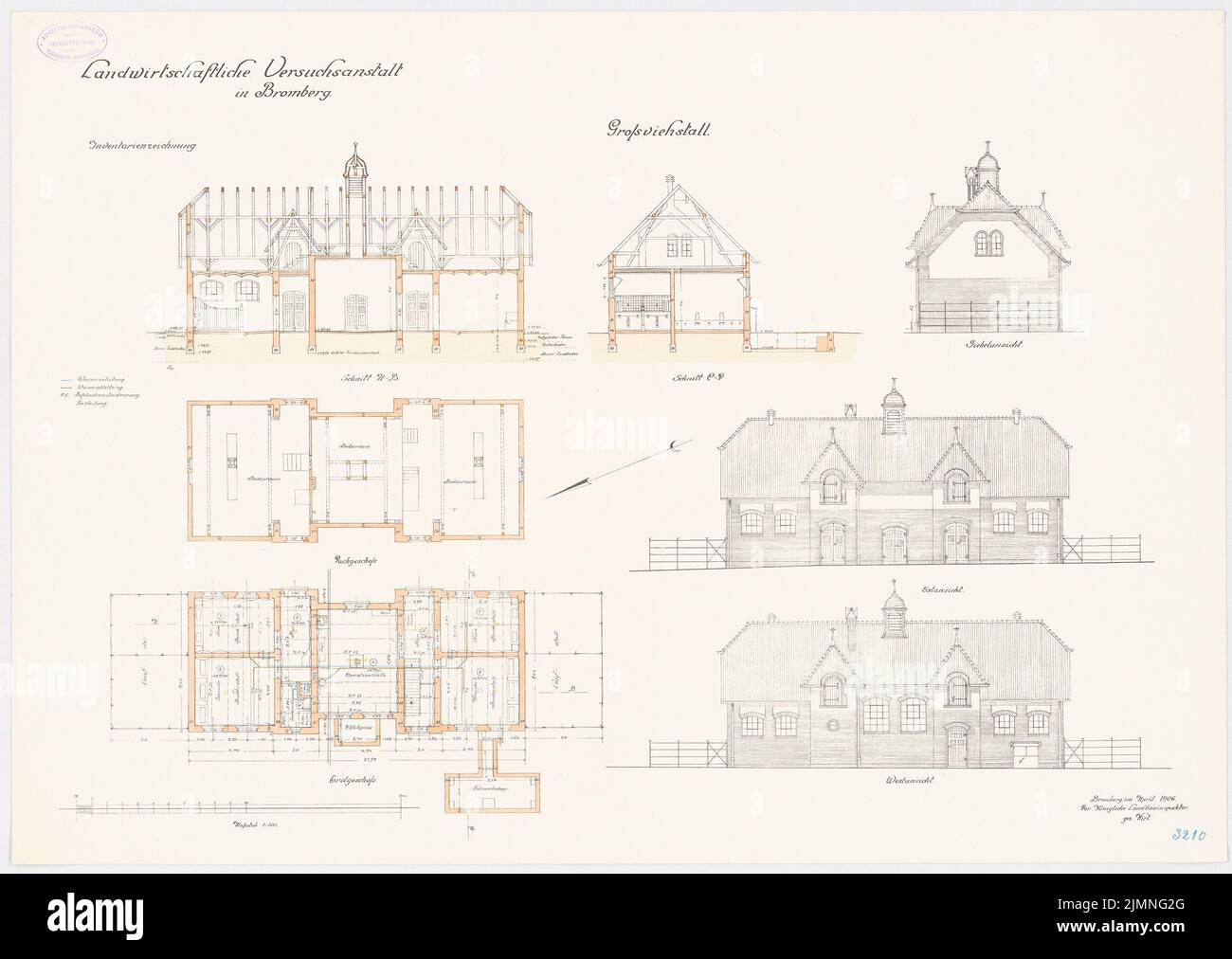 Unknown architect, agricultural experimental institution, Bromberg. Großviehstall (04.1906): floor plan ground floor attic cross -section longitudinal cut east view, north view, gable view 1: 100. Lithograph colored, 56.2 x 79.2 cm (including scan edges) Stock Photo