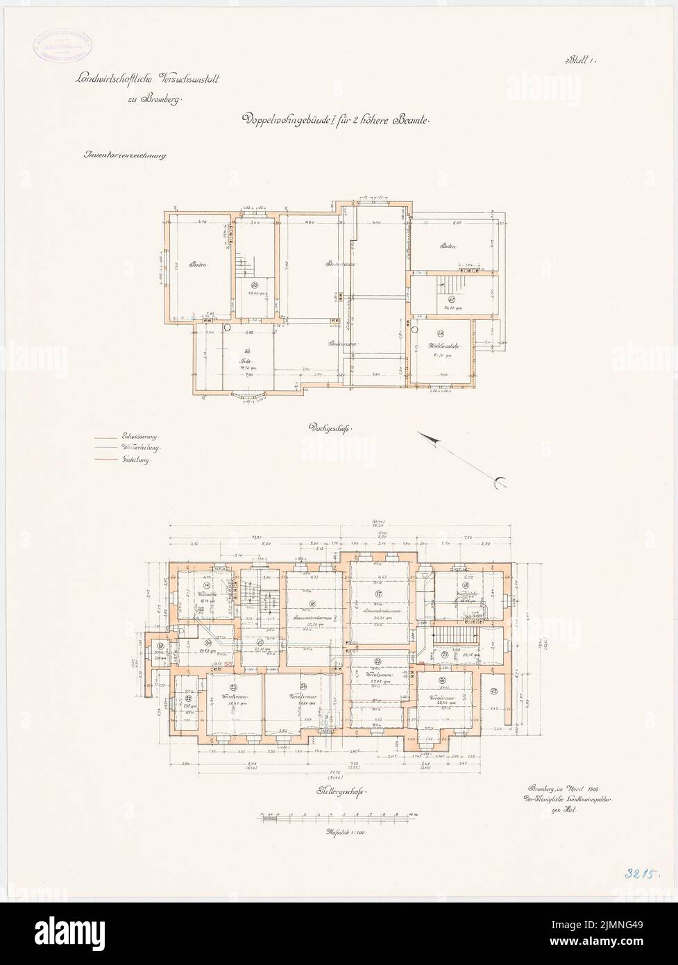 Unknown architect, agricultural experimental institution, Bromberg. Double living building I for 2 higher civil servants (04.1906): floor plan basement top floor 1: 100. Lithograph colored, 68.9 x 51.8 cm (including scan edges) Stock Photo
