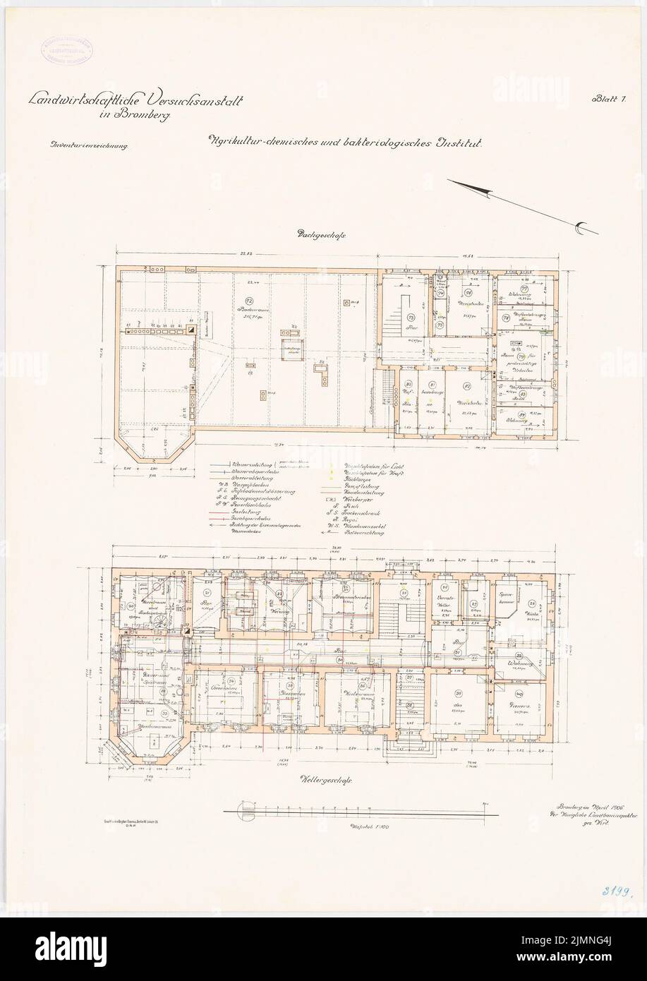 Unknown architect, agricultural experimental institution, Bromberg. Agriculture-chemical and bacteriological institute (04.1906): floor plan basement top floor 1: 100. Lithograph colored, 79.2 x 55.9 cm (including scan edges) Stock Photo