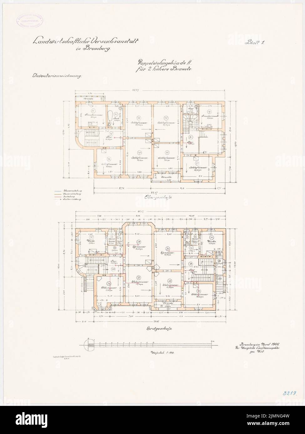 Unknown architect, agricultural experimental institution, Bromberg. Double living building II for 2 higher civil servants (04.1906): floor plan ground floor upstairs 1: 100. Lithograph colored, 69.1 x 51.8 cm (including scan edges) Stock Photo