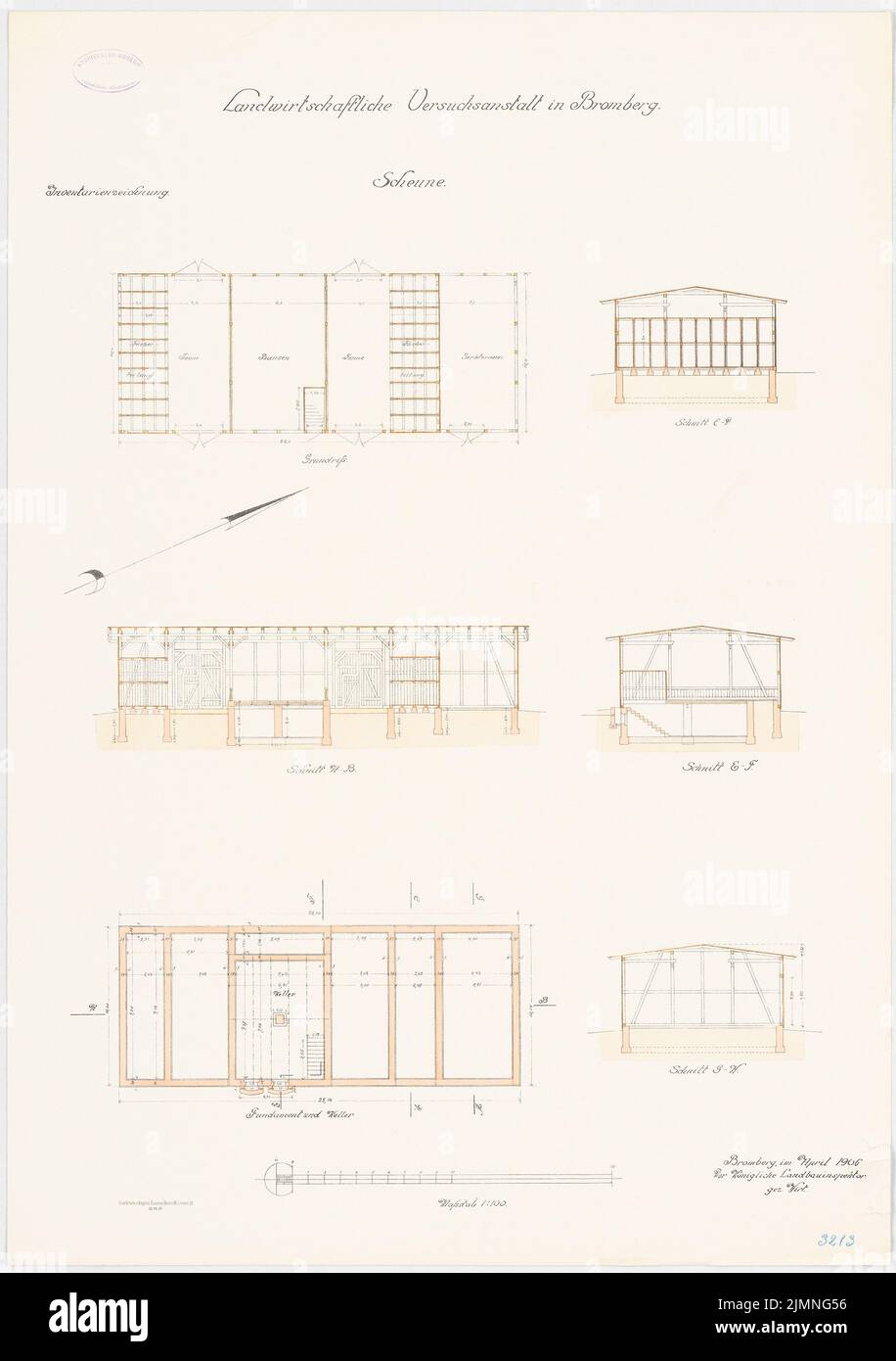 Unknown architect, agricultural experimental institution, Bromberg. Scheune (04.1906): Grundriss Fundaments basement ground floor, longitudinal cross section 1: 100. Lithograph colored, 79.2 x 55.9 cm (including scan edges) Stock Photo