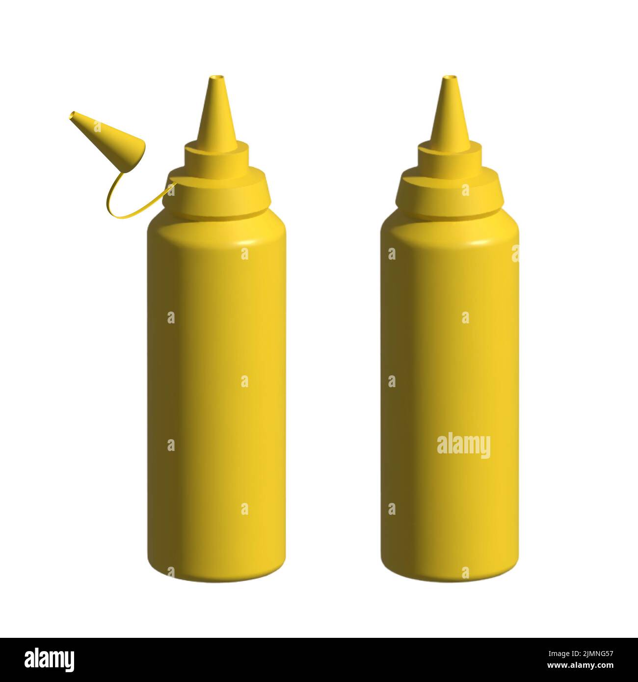 Realistic detailed 3d Mustard squeeze bottle with splatter on white