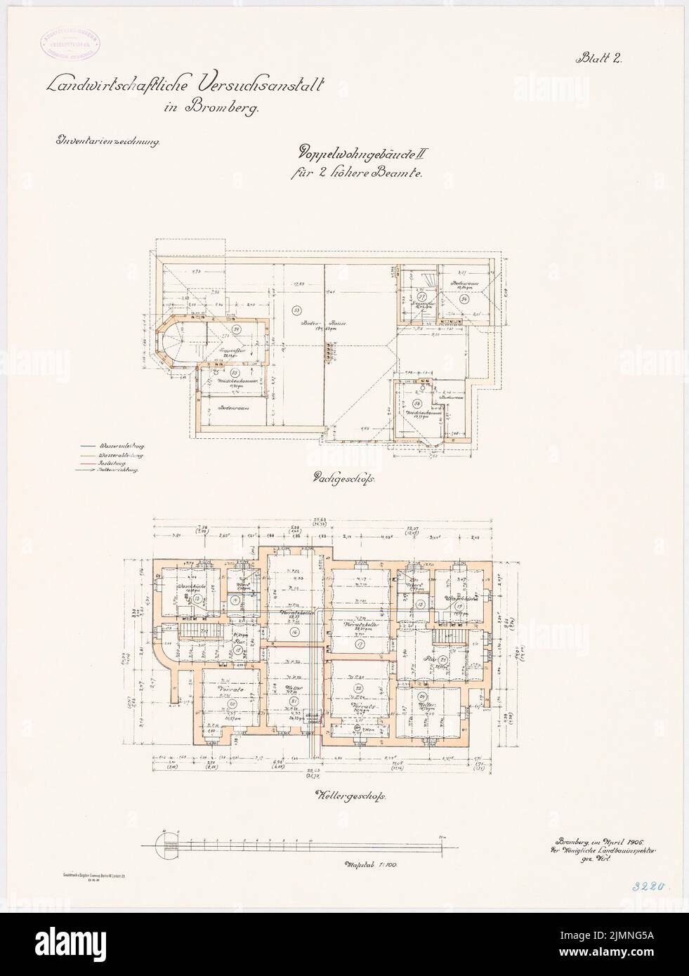 Unknown architect, agricultural experimental institution, Bromberg. Double living building II for 2 higher civil servants (04.1906): floor plan basement top floor 1: 100. Lithograph colored, 68.7 x 51.9 cm (including scan edges) Stock Photo