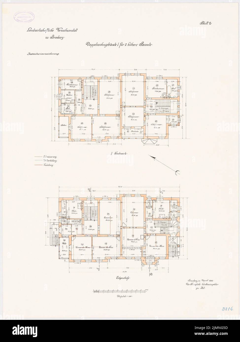 Unknown architect, agricultural experimental institution, Bromberg. Double residential building I for 2 higher civil servants (04.1906): floor plan ground floor 1st floor 1: 100. Lithograph colored, 69.1 x 51.8 cm (including scan edges) Stock Photo