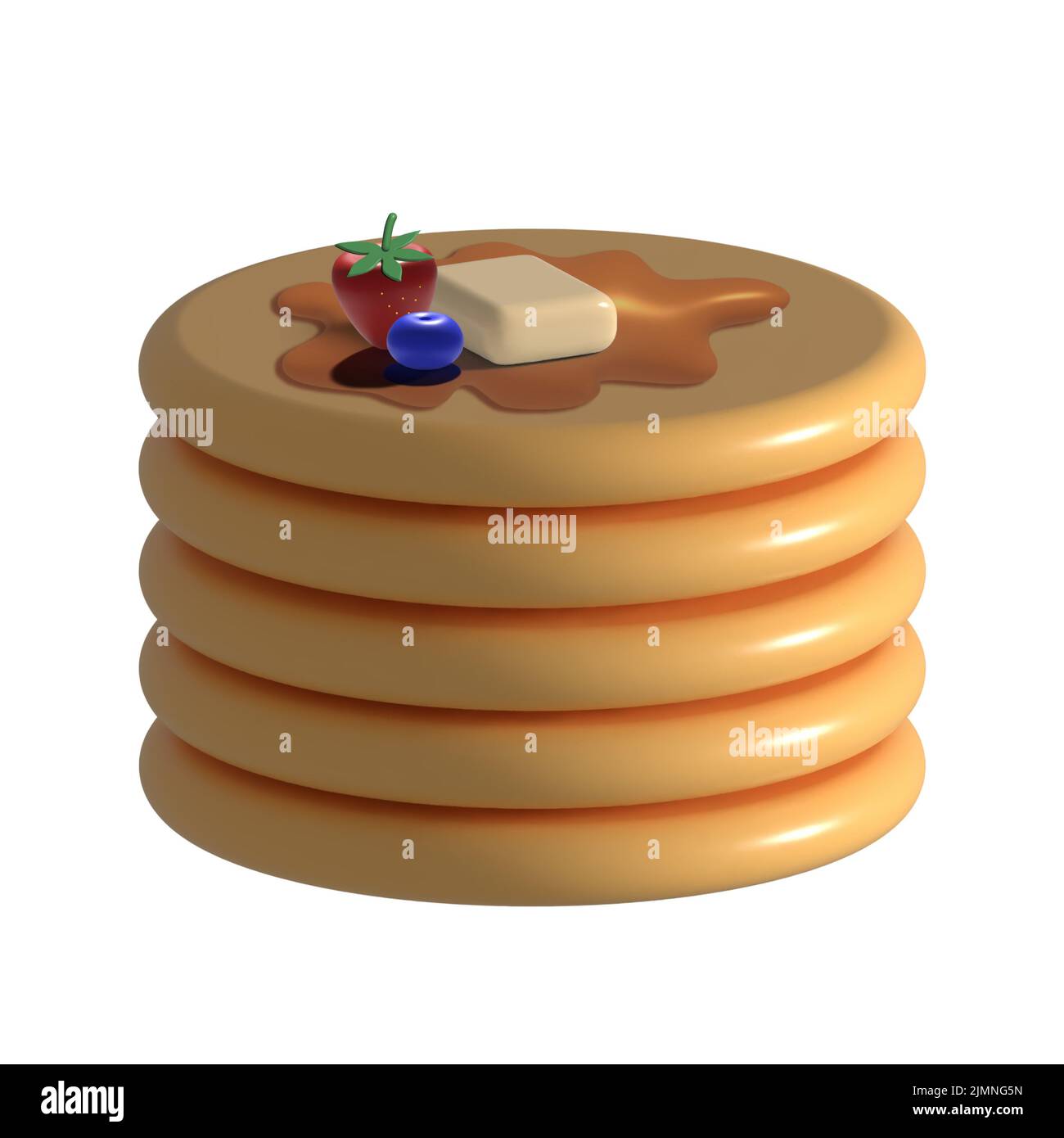 Fluffy stack of pancakes with maple syrup, butter and fresh fruit on white background, 3d illustration. Stock Photo
