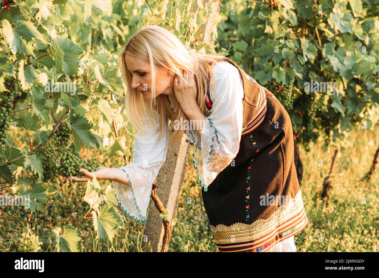 Young blonde woman in Serbian traditional clothes looking at green grapes Stock Photo