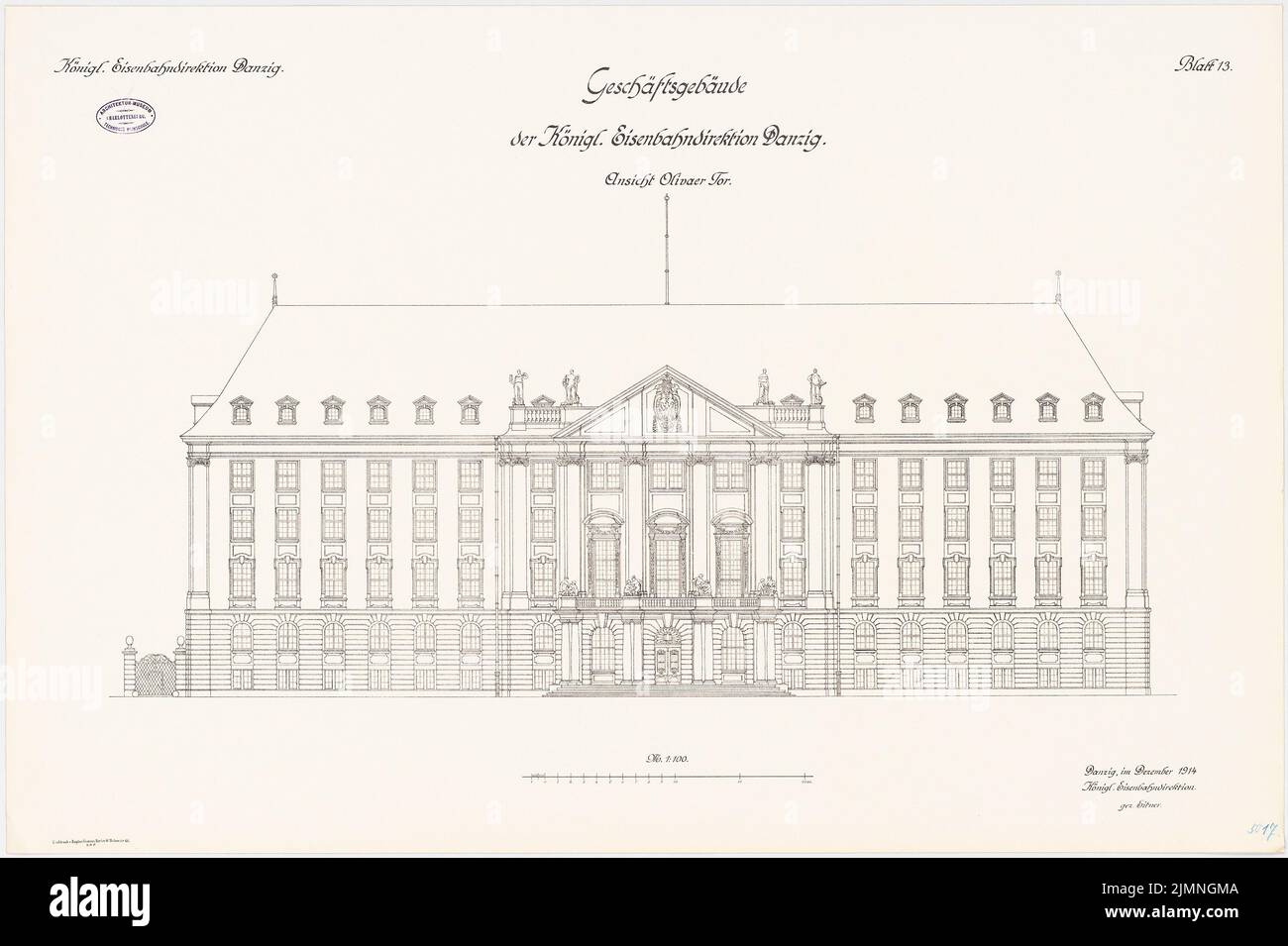 Unknown architect, railway directorate in Gdansk (12.1914): View 1: 100. Lithograph, 65.6 x 98.5 cm (including scan edges) Stock Photo