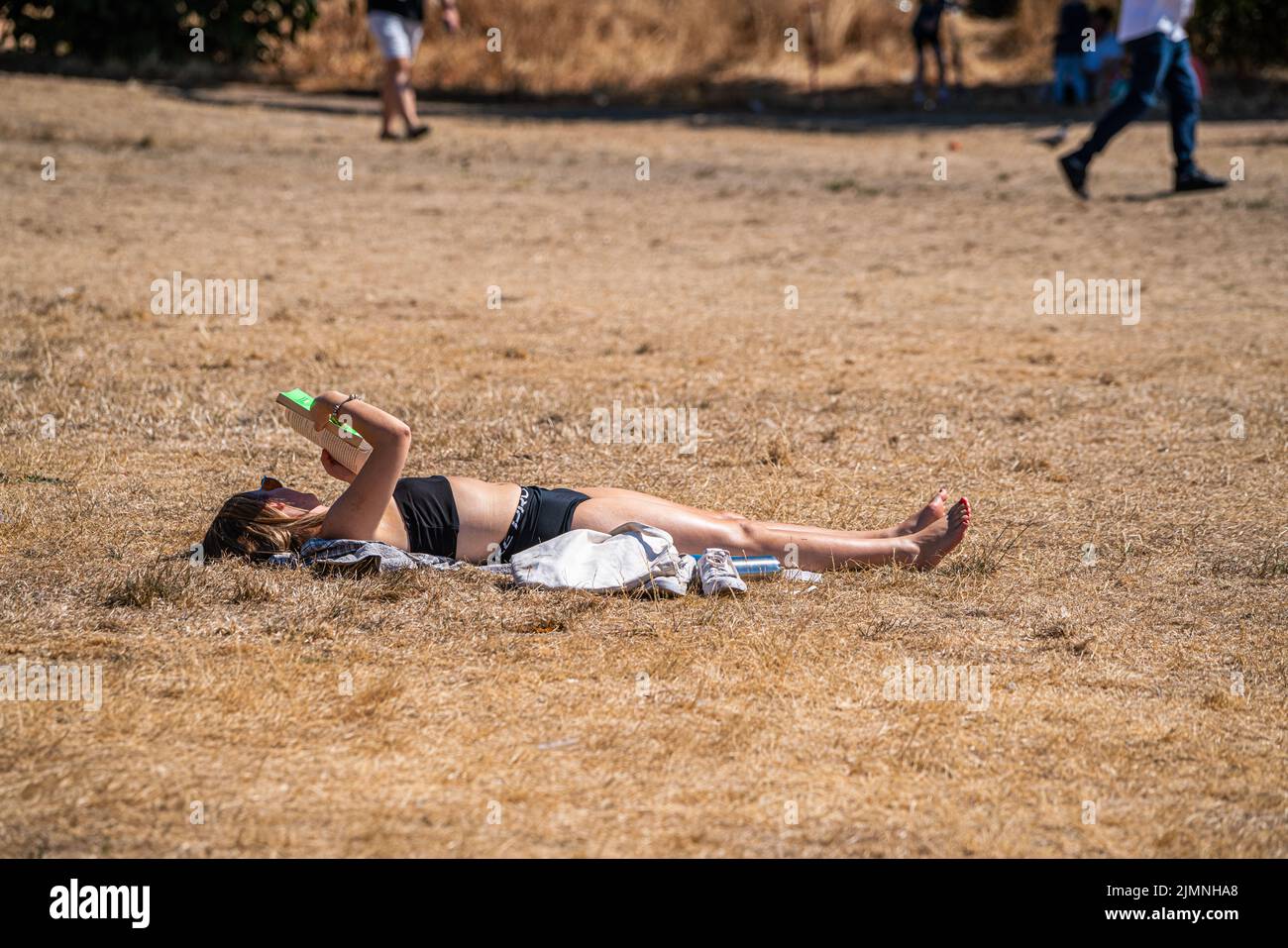 Wimbledon, London, UK. 7 August 2022  People are out enjoying the warm sunshine on a parched grass on Wimbledon Common  on another  hot day  as the UK's heatwave and drought continues into August, with temperatures expected to reach  above 30celsius  by next week Credit. amer ghazzal/Alamy Live News Stock Photo