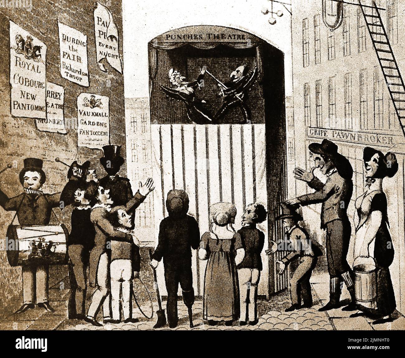 An 18th century illustration showing a punch and judy show of the time Stock Photo