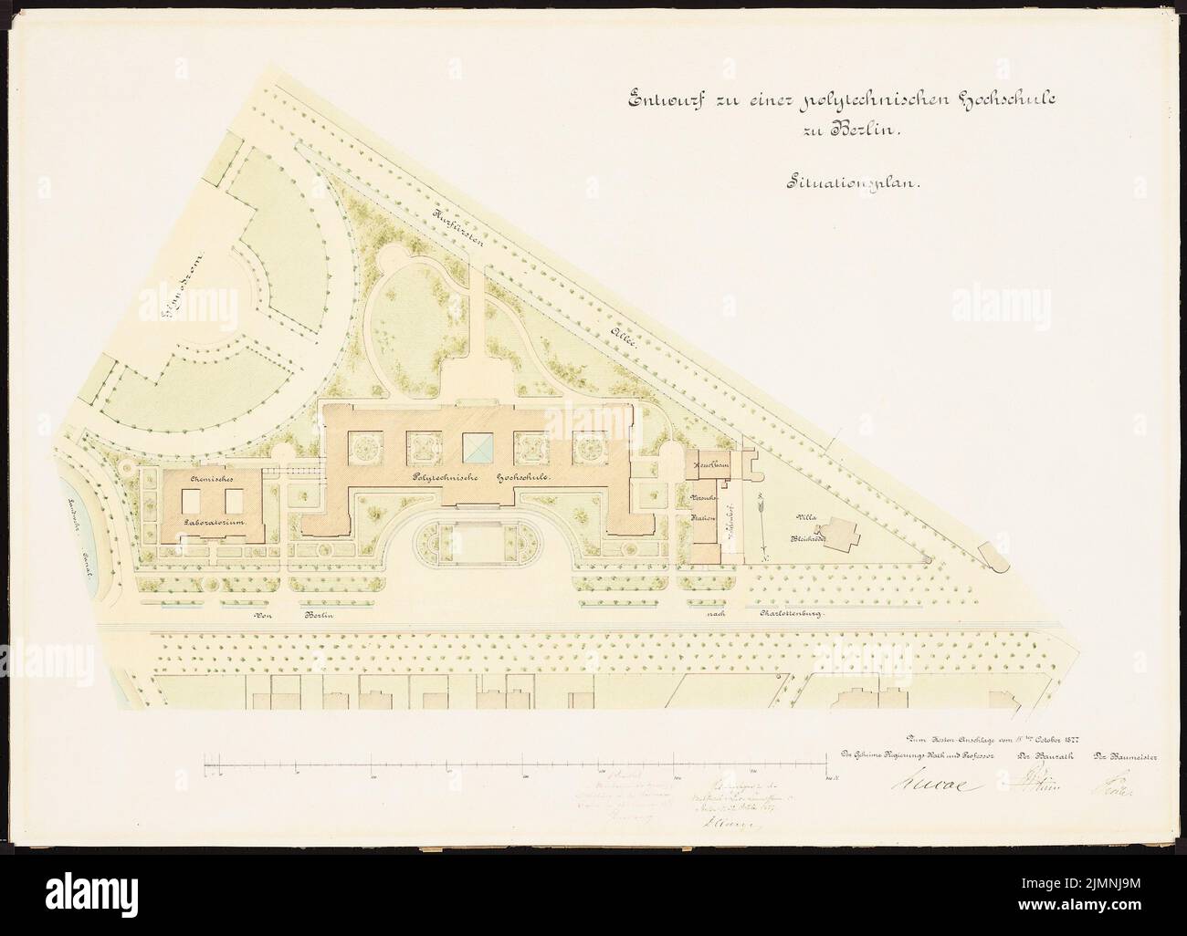 Lucae Richard (1829-1877), Technical University Berlin-Charlottenburg. Location Hippodrom site in the Tiergarten (October 18, 1877): Situation plan. Tusche watercolor on the box, 55.9 x 77.6 cm (including scan edges) Stock Photo