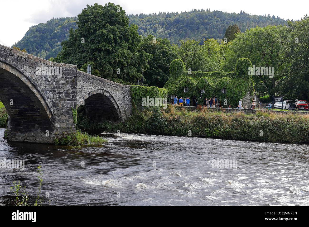 Ty Hwnt IR Bont Cafe next to the River Conwy in Llanwrst, North Wales,UK Stock Photo