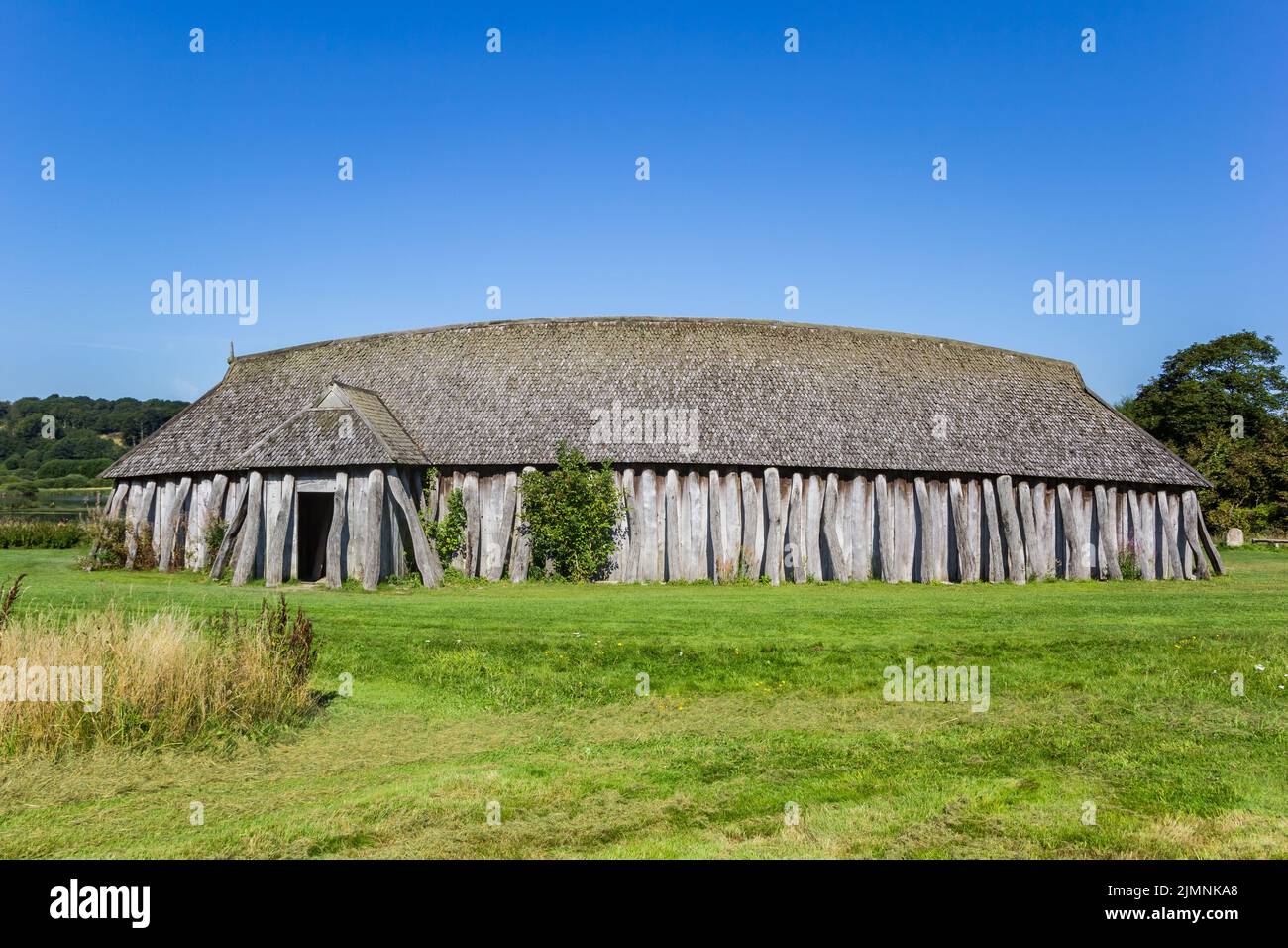 Recontructed historic Viking longhouse of Fyrkat near Hobro, Denmark Stock Photo
