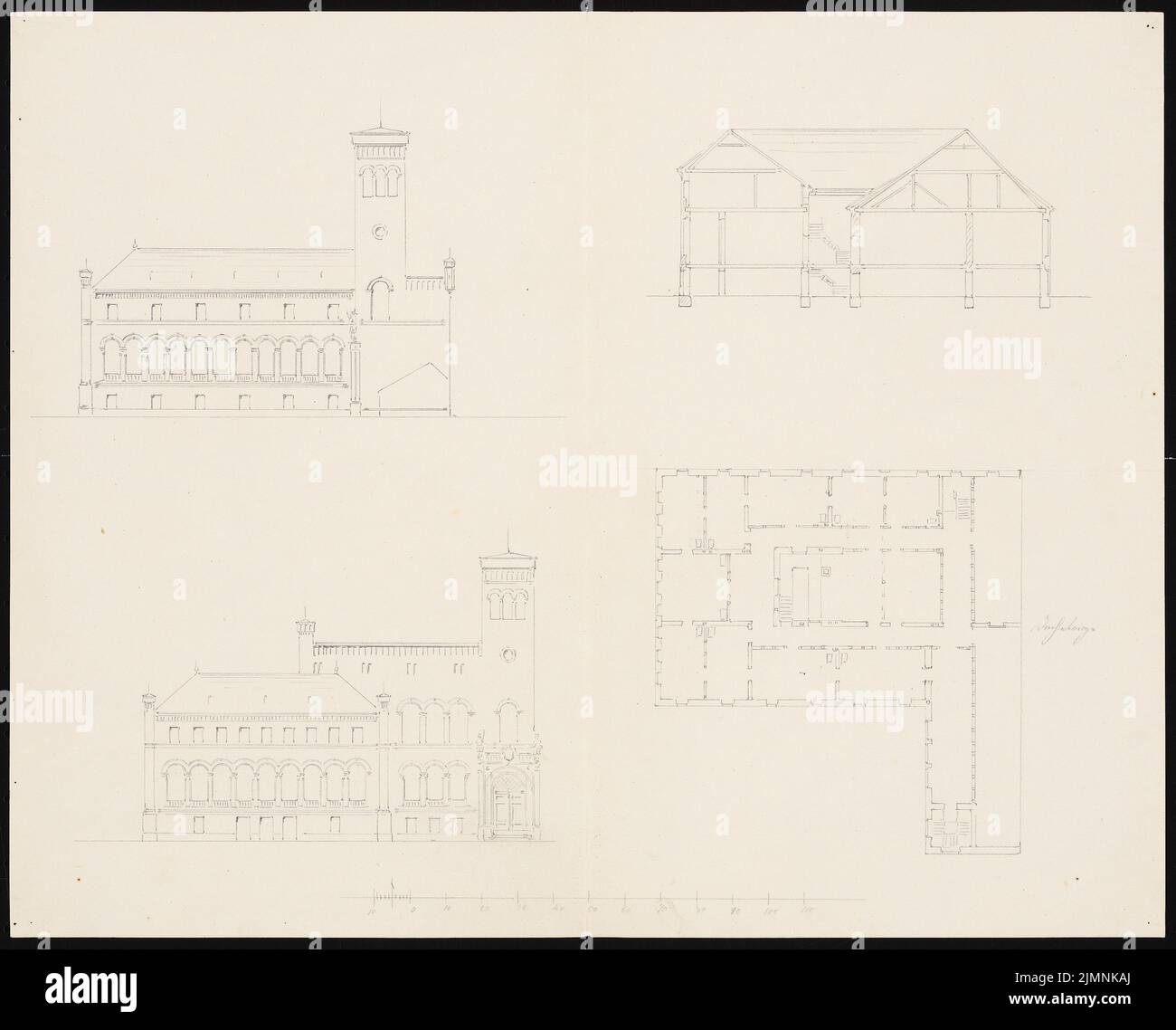 Knoblauch Eduard (1801-1865), manor house in Lauchstädt (approx. 1848): two view, cut, floor plan ground floor. Ink, 35.1 x 43.5 cm (including scan edges) Stock Photo