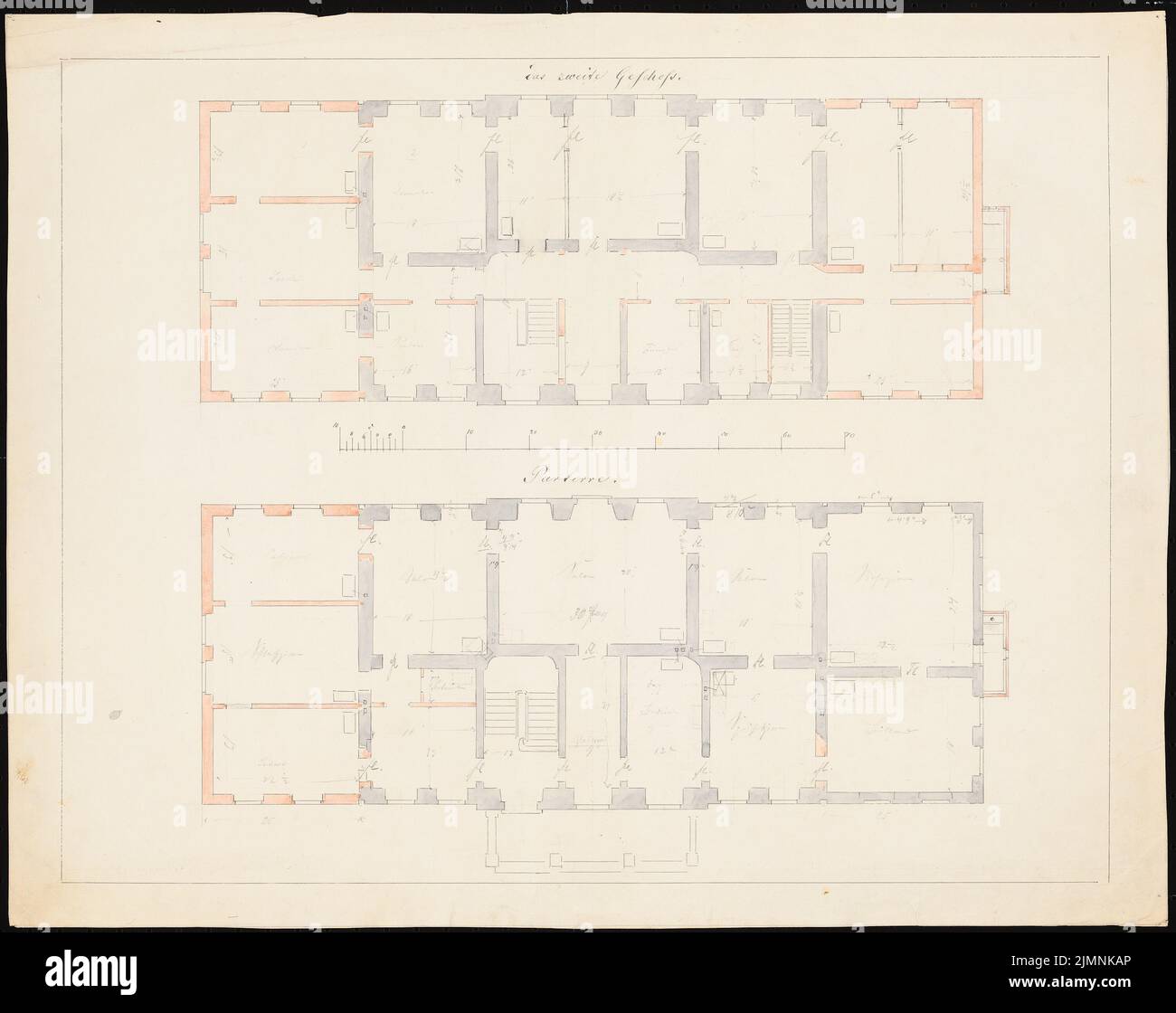 Knoblauch Eduard (1801-1865), country house editing in Lanke (approx. 1853): First preliminary project: floor plans. Tusche watercolor, 43.9 x 55.4 cm (including scan edges) Stock Photo