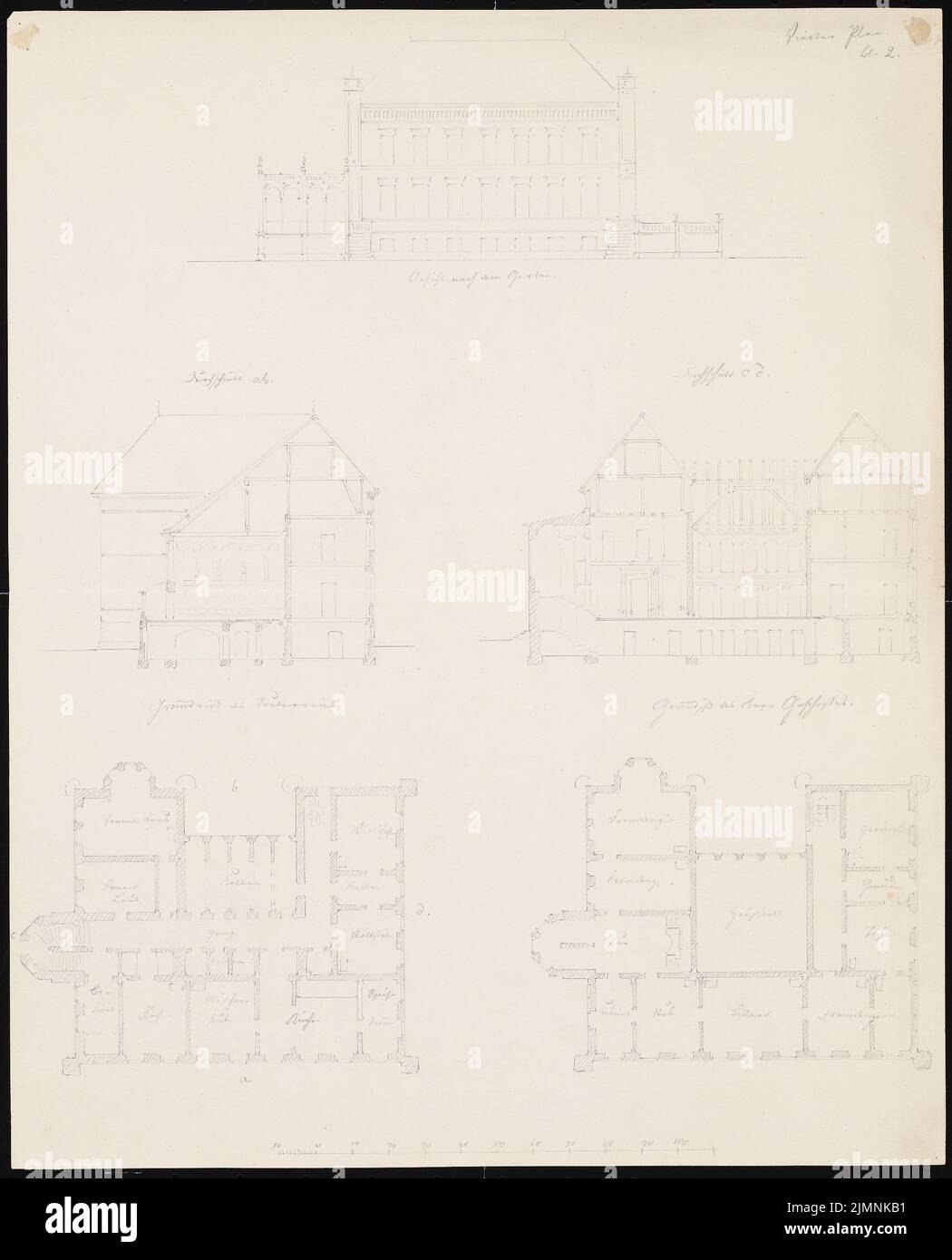 Knoblauch Eduard (1801-1865), manor house in Lauchstädt (approx. 1848): cross-section, longitudinal cut, floor plans. Pencil, 43.3 x 35 cm (including scan edges) Stock Photo